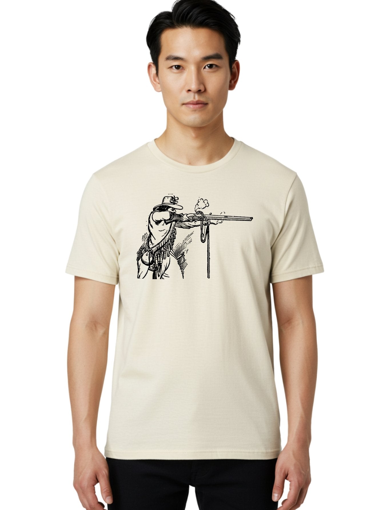 Cowboy-Firing-Rifle Men'S Graphic Tee, 100% Cotton, Comfortable Casual Summer Wear, Machine Washable, Cowboy Shooting Rifle, Western Art, Vintage Cowboy, Cowboy Hat, Rifle Smoke, Black And White Illustration, Cowboy Culture, Wild West Aad526 30