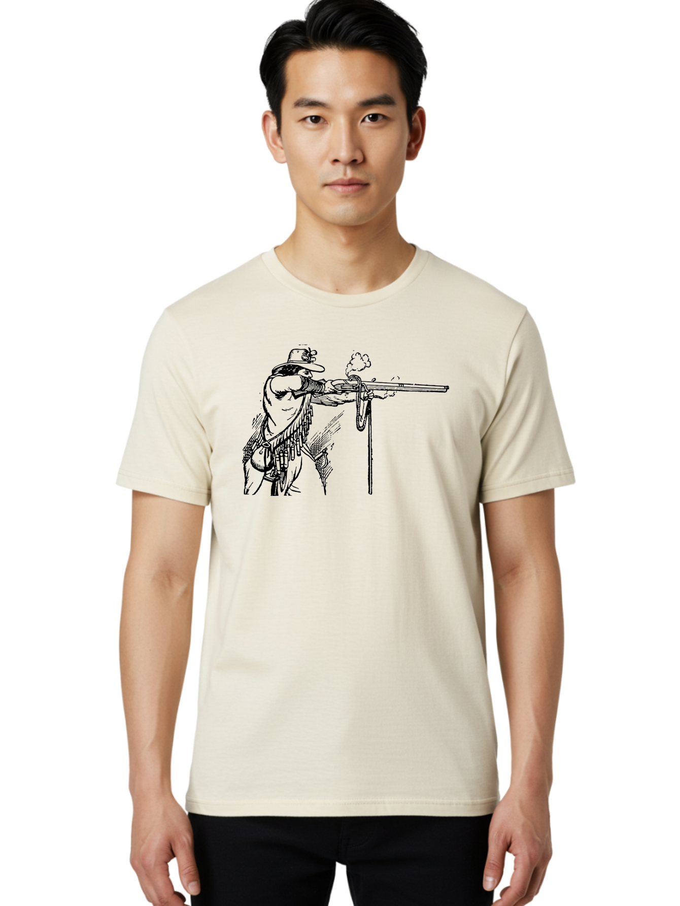 Cowboy-Firing-Rifle Men'S Graphic Tee, 100% Cotton, Comfortable Casual Summer Wear, Machine Washable, Cowboy Shooting Rifle, Western Art, Vintage Cowboy, Cowboy Hat, Rifle Smoke, Black And White Illustration, Cowboy Culture, Wild West Aad526