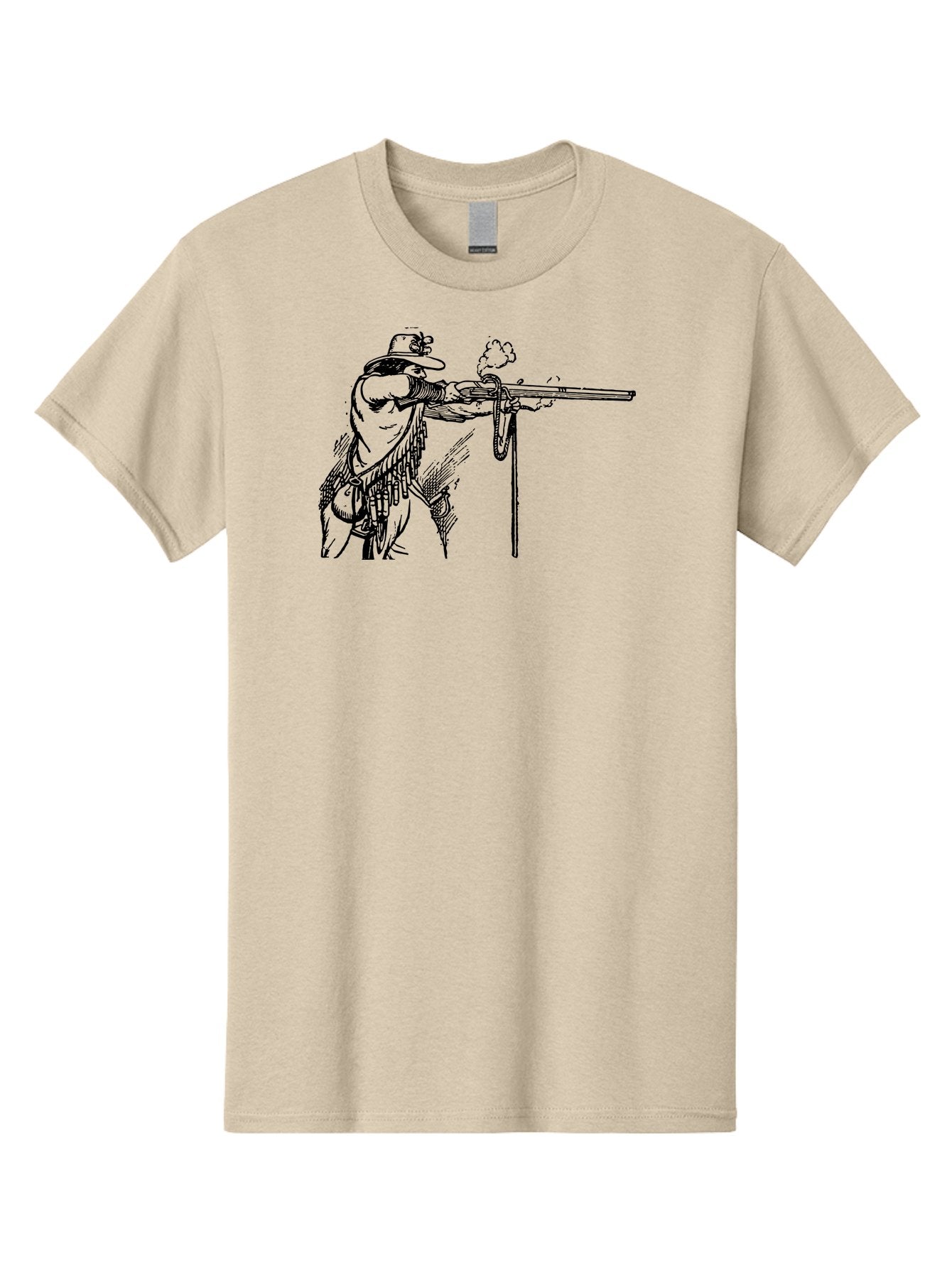 Cowboy-Firing-Rifle Men'S Graphic Tee, 100% Cotton, Comfortable Casual Summer Wear, Machine Washable, Cowboy Shooting Rifle, Western Art, Vintage Cowboy, Cowboy Hat, Rifle Smoke, Black And White Illustration, Cowboy Culture, Wild West Aad526 3