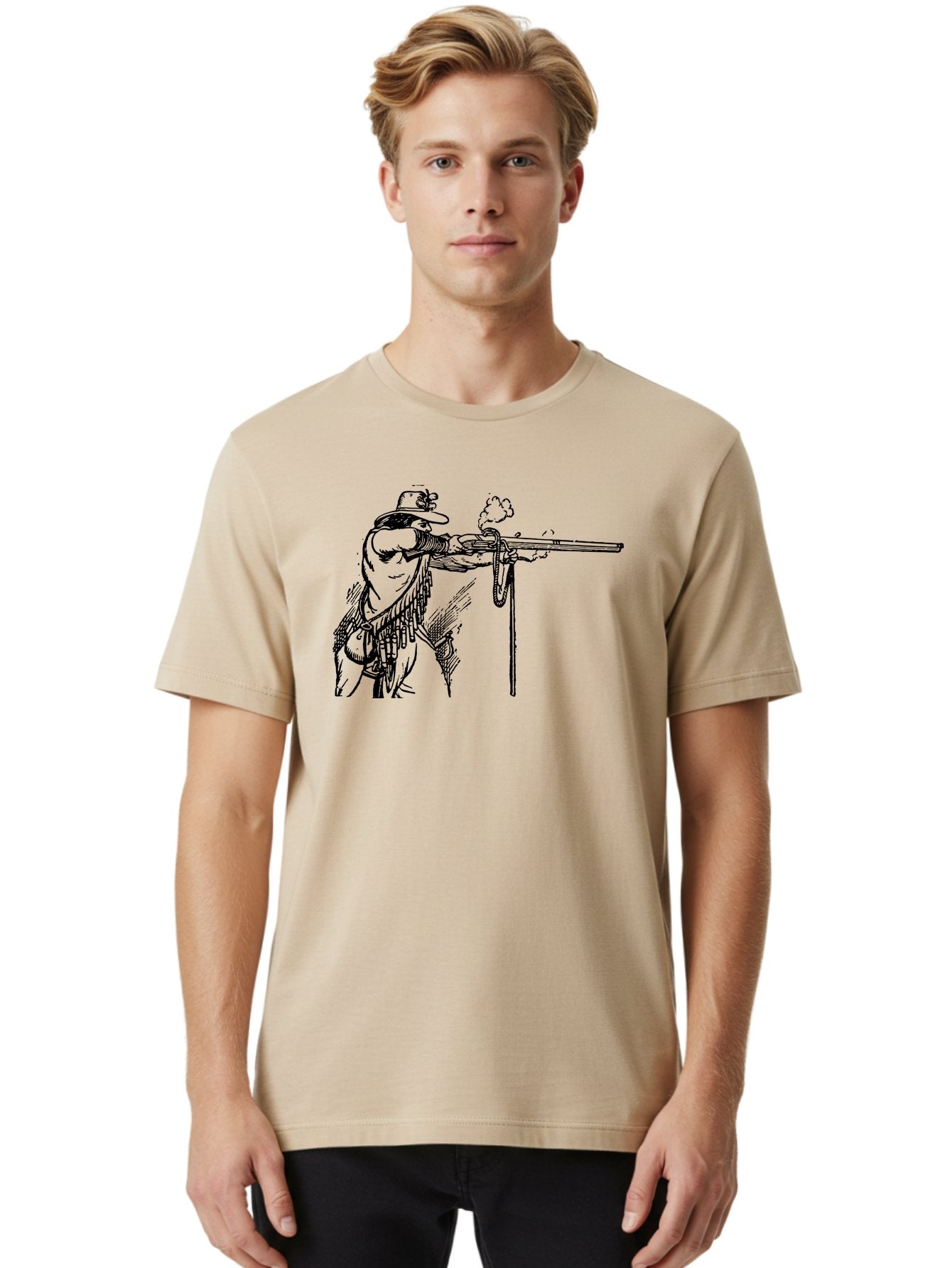 Cowboy-Firing-Rifle Men'S Graphic Tee, 100% Cotton, Comfortable Casual Summer Wear, Machine Washable, Cowboy Shooting Rifle, Western Art, Vintage Cowboy, Cowboy Hat, Rifle Smoke, Black And White Illustration, Cowboy Culture, Wild West Aad526 22