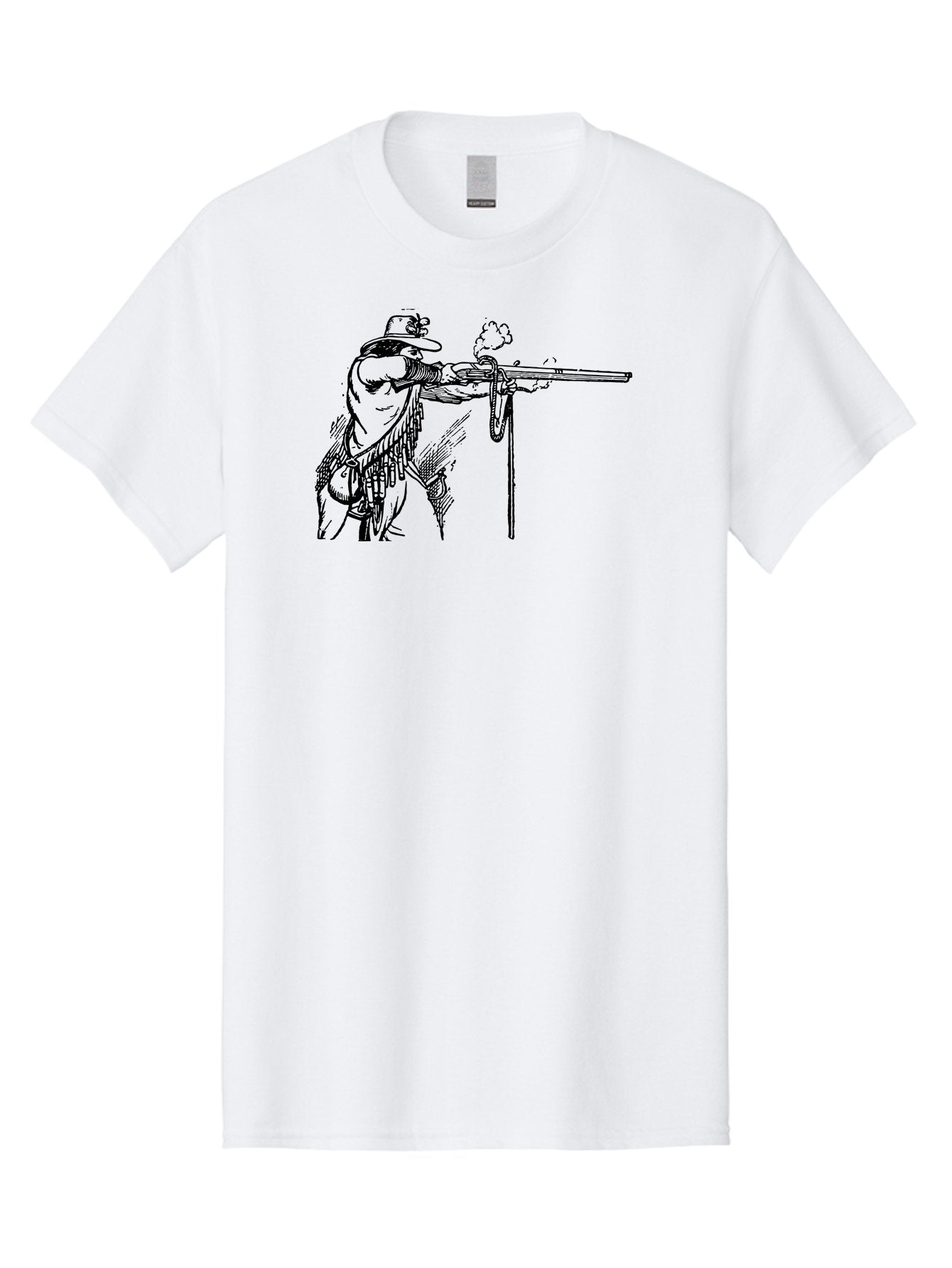 Cowboy-Firing-Rifle Men'S Graphic Tee, 100% Cotton, Comfortable Casual Summer Wear, Machine Washable, Cowboy Shooting Rifle, Western Art, Vintage Cowboy, Cowboy Hat, Rifle Smoke, Black And White Illustration, Cowboy Culture, Wild West Aad526