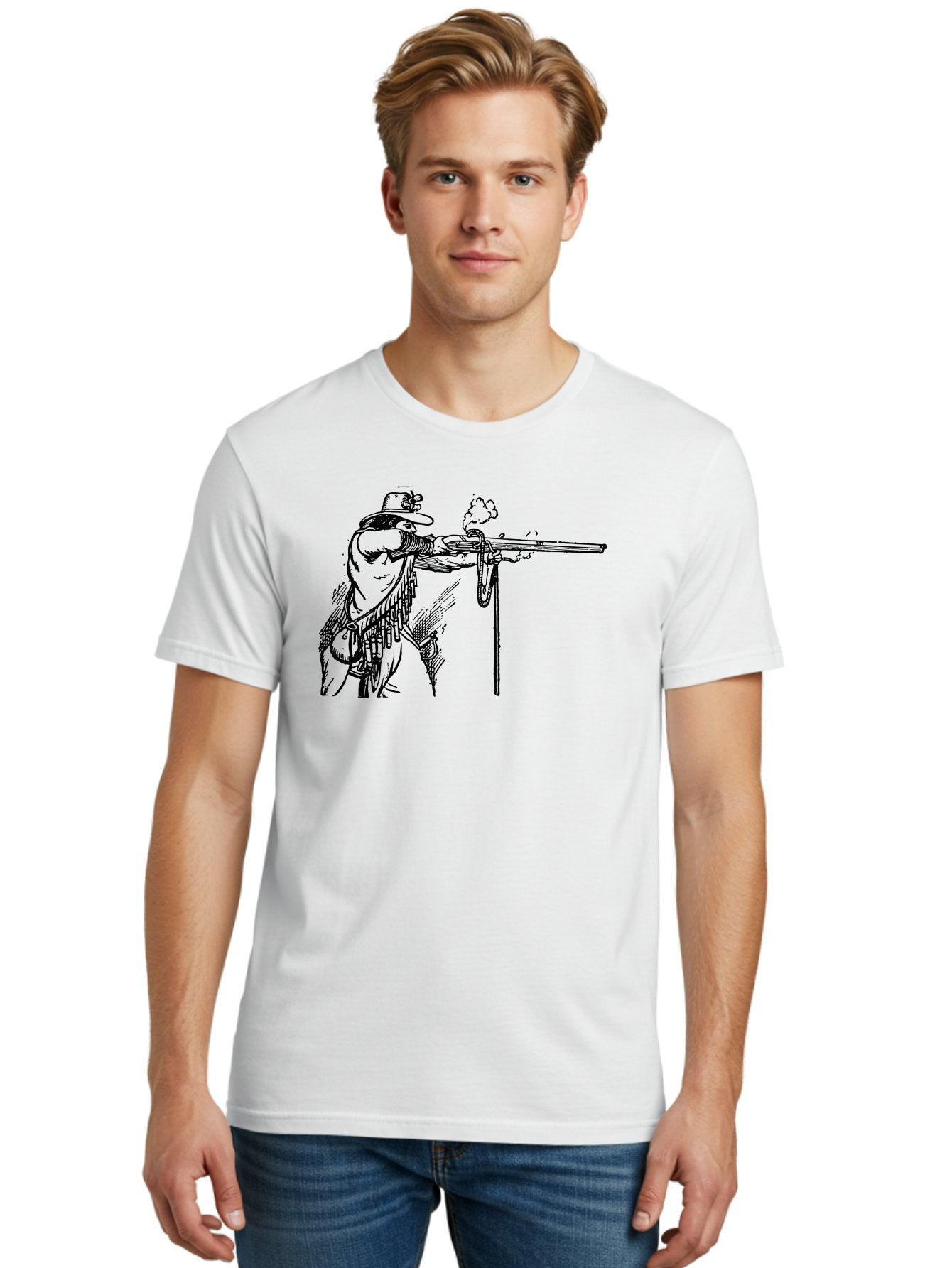Cowboy-Firing-Rifle Men'S Graphic Tee, 100% Cotton, Comfortable Casual Summer Wear, Machine Washable, Cowboy Shooting Rifle, Western Art, Vintage Cowboy, Cowboy Hat, Rifle Smoke, Black And White Illustration, Cowboy Culture, Wild West Aad526 19