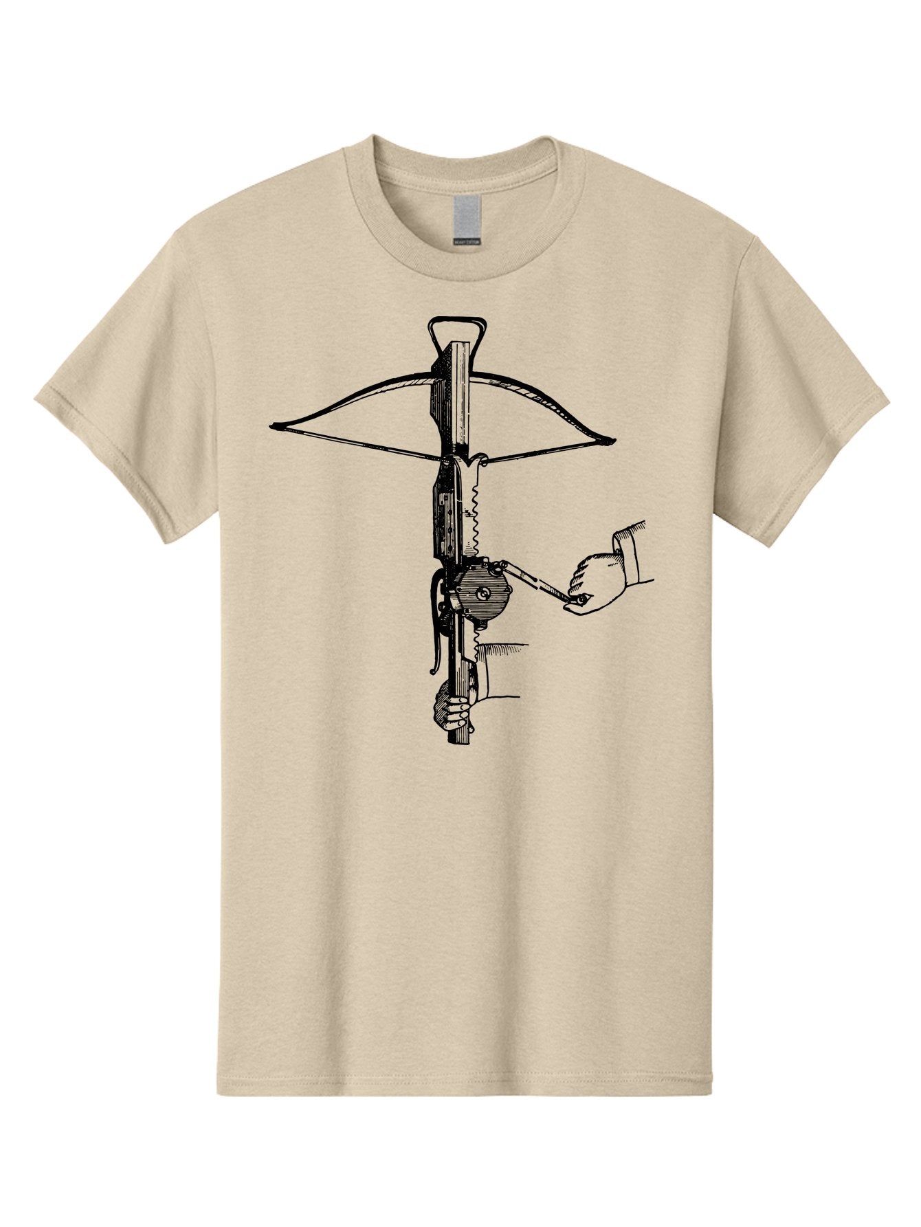 Crossbow-1 Men'S Graphic Tee, 100% Cotton, Comfortable Casual Summer Wear, Machine Washable, Hand Holding Crossbow Crank, Medieval Weaponry, Historical Illustration, Mechanical Device, Projectile Launcher, Medieval Warfare, Ancient Combat Aad527 11