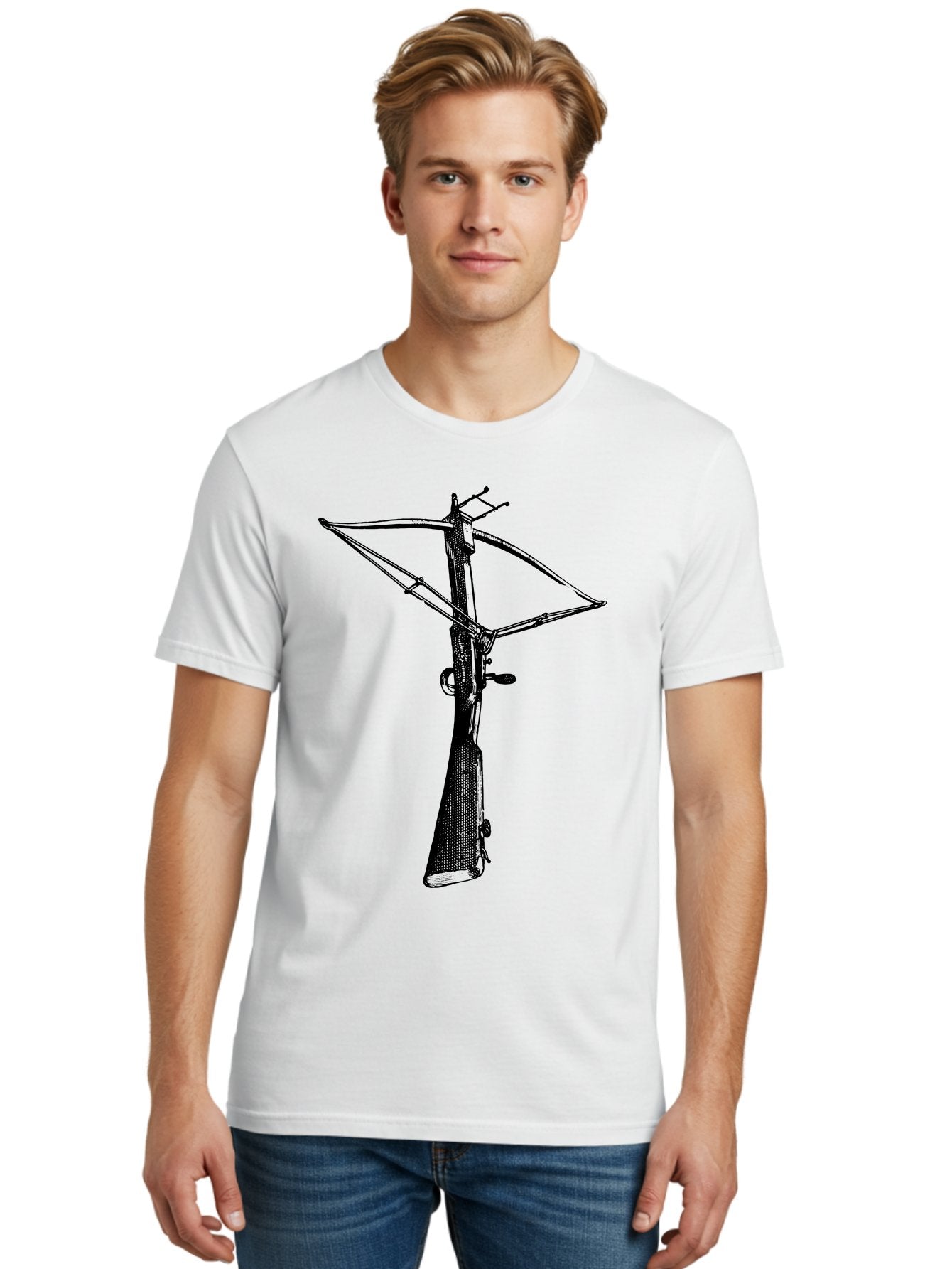 Crossbow Men'S Graphic Tee, 100% Cotton, Comfortable Casual Summer Wear, Machine Washable, Crossbow Illustration, Medieval Weapon, Historical Reenactment, Archery Equipment, Tactical Gear, Close-Up View, Detailed Drawing, Aad529 25