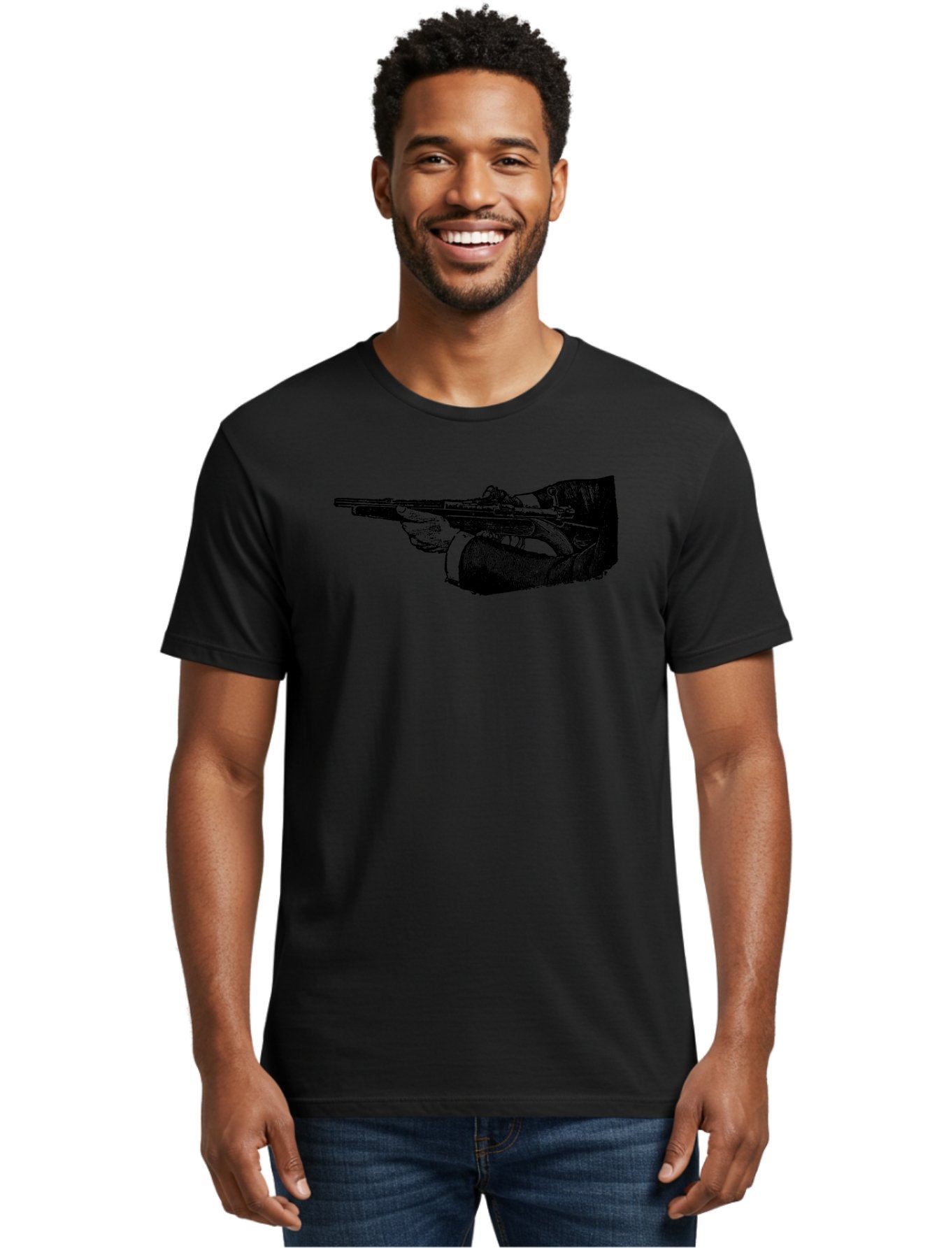 Hand-Holding-Rifle Men'S Graphic Tee, 100% Cotton, Comfortable Casual Summer Wear, Machine Washable, Rifle In Hand, Gun Illustration, Vintage Art, Firearm Graphic, Black And White, Shooter Illustration, Handgun Artwork Aad538 30