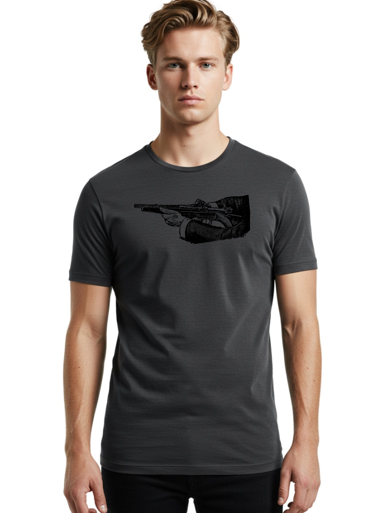 Hand-Holding-Rifle Men'S Graphic Tee, 100% Cotton, Comfortable Casual Summer Wear, Machine Washable, Rifle In Hand, Gun Illustration, Vintage Art, Firearm Graphic, Black And White, Shooter Illustration, Handgun Artwork Aad538 27