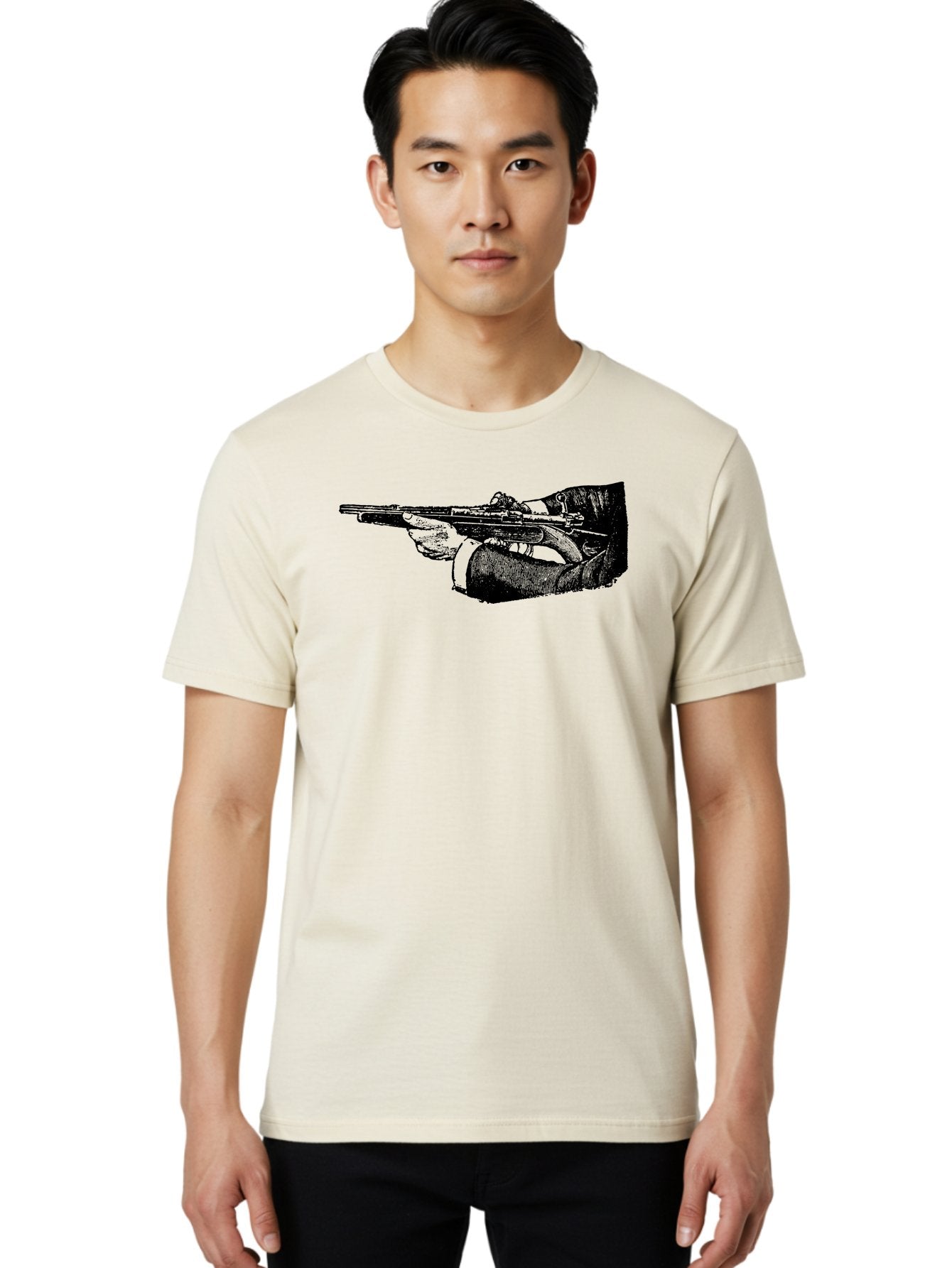 Hand-Holding-Rifle Men'S Graphic Tee, 100% Cotton, Comfortable Casual Summer Wear, Machine Washable, Rifle In Hand, Gun Illustration, Vintage Art, Firearm Graphic, Black And White, Shooter Illustration, Handgun Artwork Aad538 25