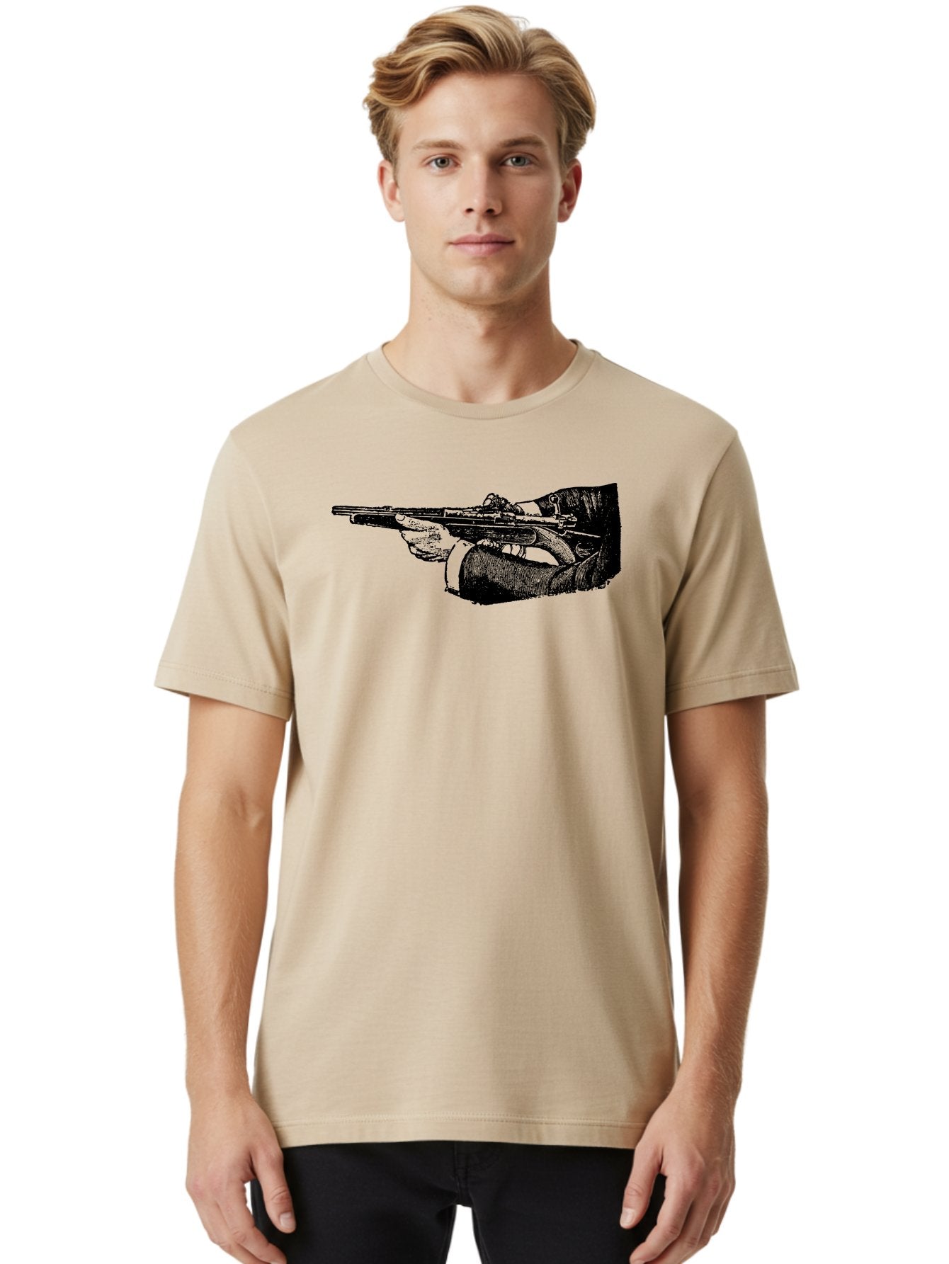 Hand-Holding-Rifle Men'S Graphic Tee, 100% Cotton, Comfortable Casual Summer Wear, Machine Washable, Rifle In Hand, Gun Illustration, Vintage Art, Firearm Graphic, Black And White, Shooter Illustration, Handgun Artwork Aad538 23