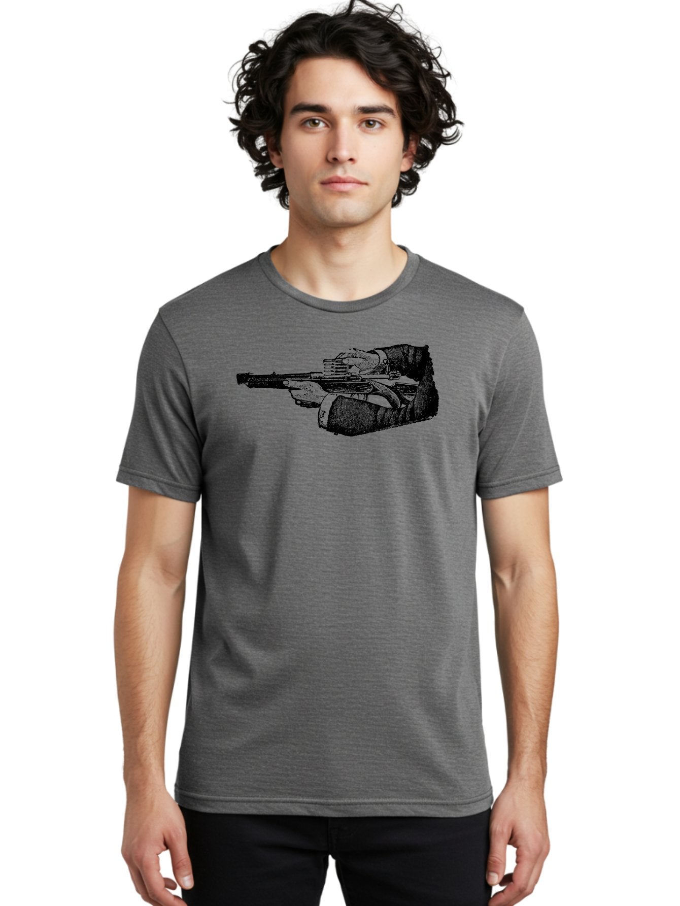 Hands-Holding-Gun Men'S Graphic Tee, 100% Cotton, Comfortable Casual Summer Wear, Machine Washable, Hand Holding Gun, Futuristic Firearm, Cyberpunk Aesthetic, Sci-Fi Weapon, Black And Green Illustration, Military Gear, Tactical Equipment Aad539 25
