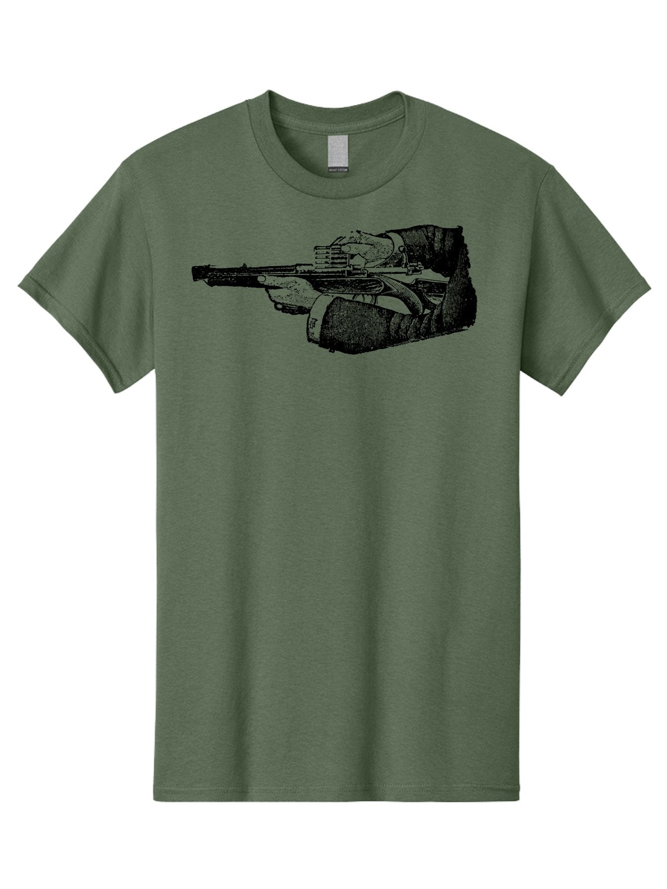 Hands-Holding-Gun Men'S Graphic Tee, 100% Cotton, Comfortable Casual Summer Wear, Machine Washable, Hand Holding Gun, Futuristic Firearm, Cyberpunk Aesthetic, Sci-Fi Weapon, Black And Green Illustration, Military Gear, Tactical Equipment Aad539
