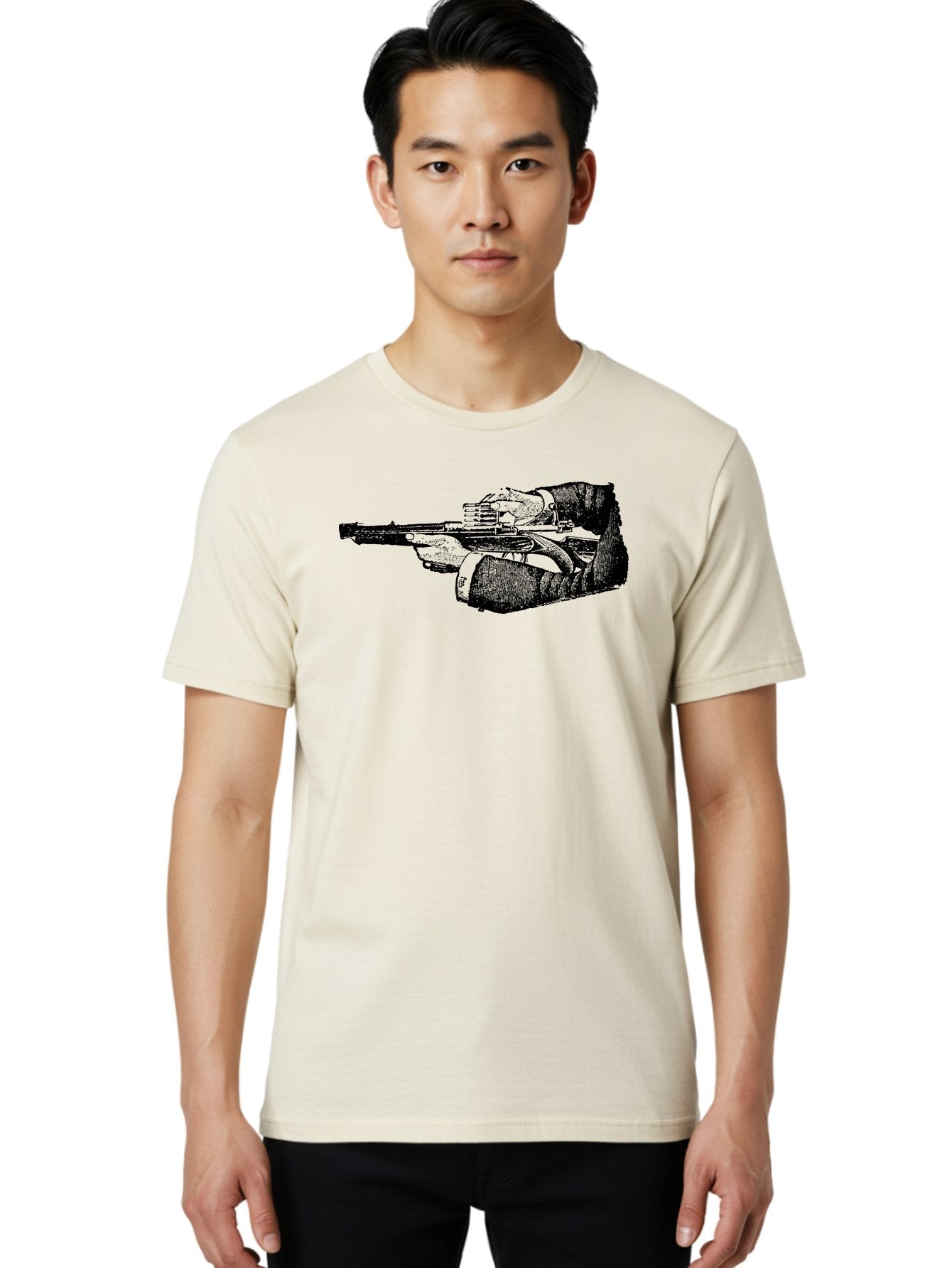 Hands-Holding-Gun Men'S Graphic Tee, 100% Cotton, Comfortable Casual Summer Wear, Machine Washable, Hand Holding Gun, Futuristic Firearm, Cyberpunk Aesthetic, Sci-Fi Weapon, Black And Green Illustration, Military Gear, Tactical Equipment Aad539 24