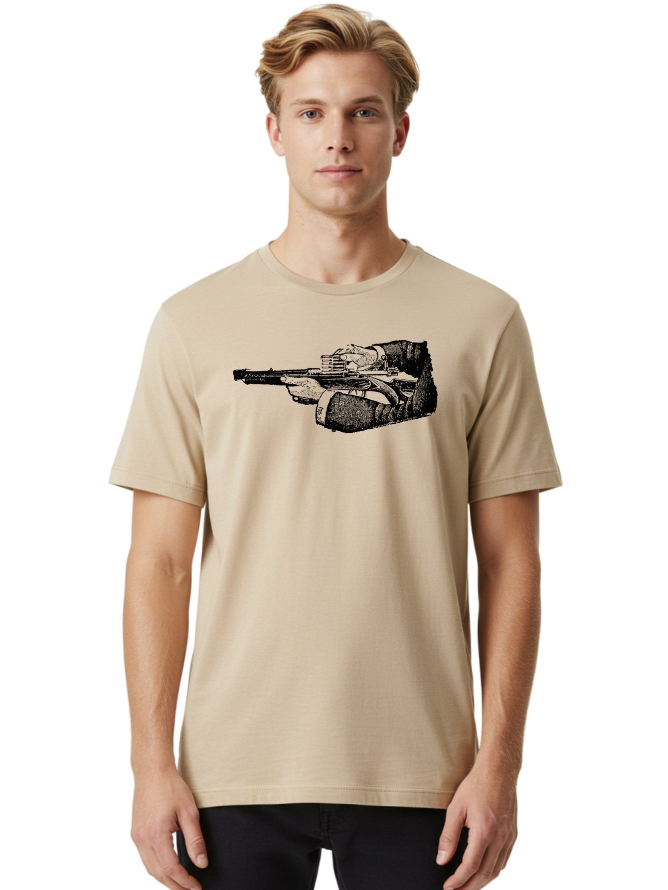 Hands-Holding-Gun Men'S Graphic Tee, 100% Cotton, Comfortable Casual Summer Wear, Machine Washable, Hand Holding Gun, Futuristic Firearm, Cyberpunk Aesthetic, Sci-Fi Weapon, Black And Green Illustration, Military Gear, Tactical Equipment Aad539 21