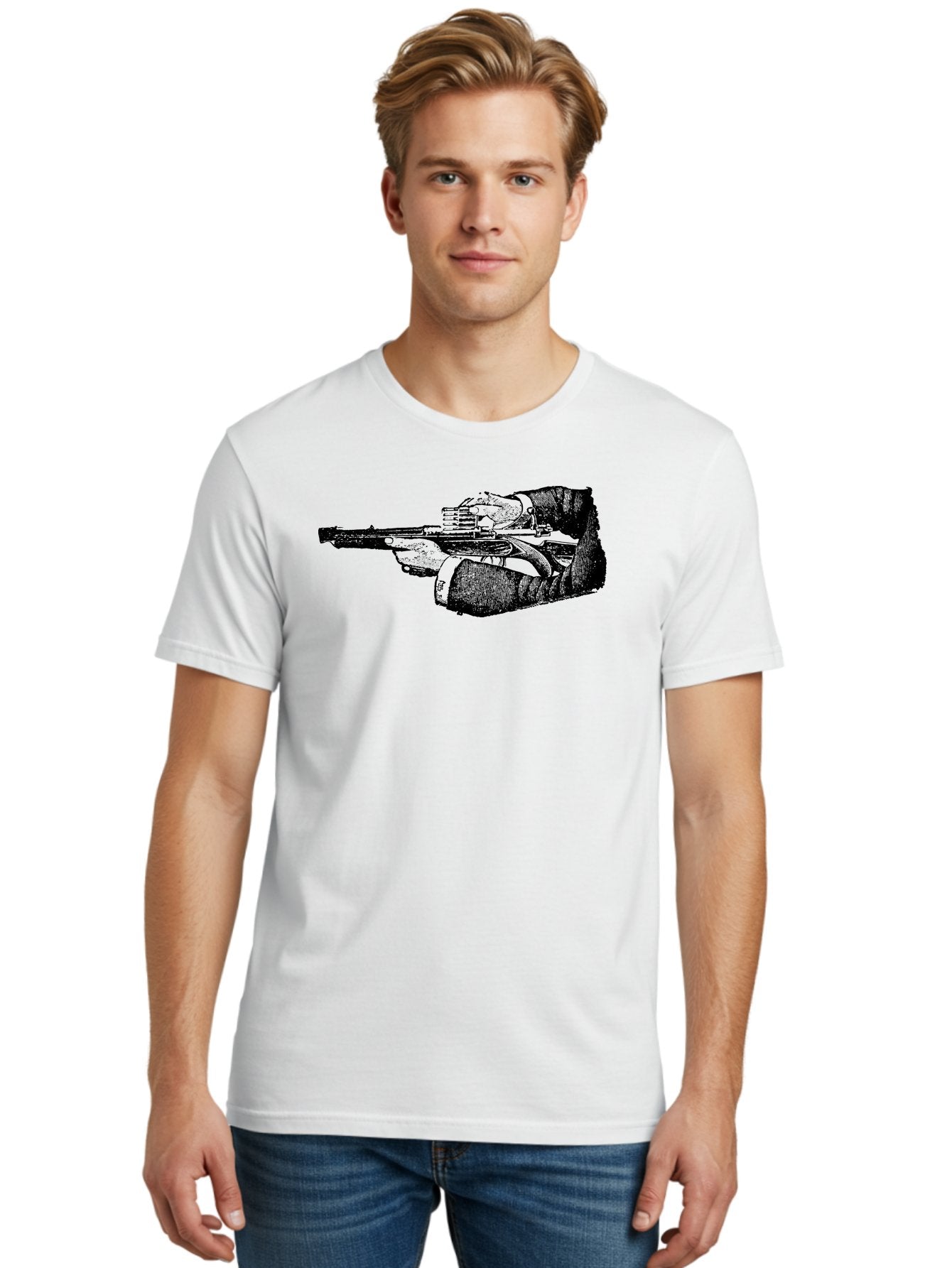 Hands-Holding-Gun Men'S Graphic Tee, 100% Cotton, Comfortable Casual Summer Wear, Machine Washable, Hand Holding Gun, Futuristic Firearm, Cyberpunk Aesthetic, Sci-Fi Weapon, Black And Green Illustration, Military Gear, Tactical Equipment Aad539 30