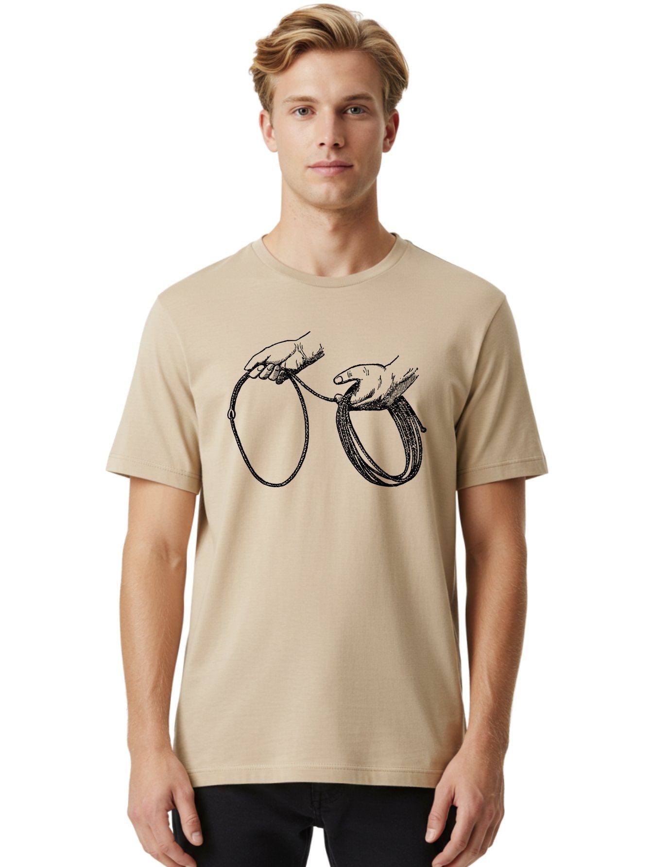 Hands-Holding-Rope Men'S Graphic Tee, 100% Cotton, Comfortable Casual Summer Wear, Machine Washable, Rope In Hands, Entwined Hands, Hand Gesture, Rope Manipulation, Illustration Art, Monochrome Design, Hand-Drawn Image Aad540 24