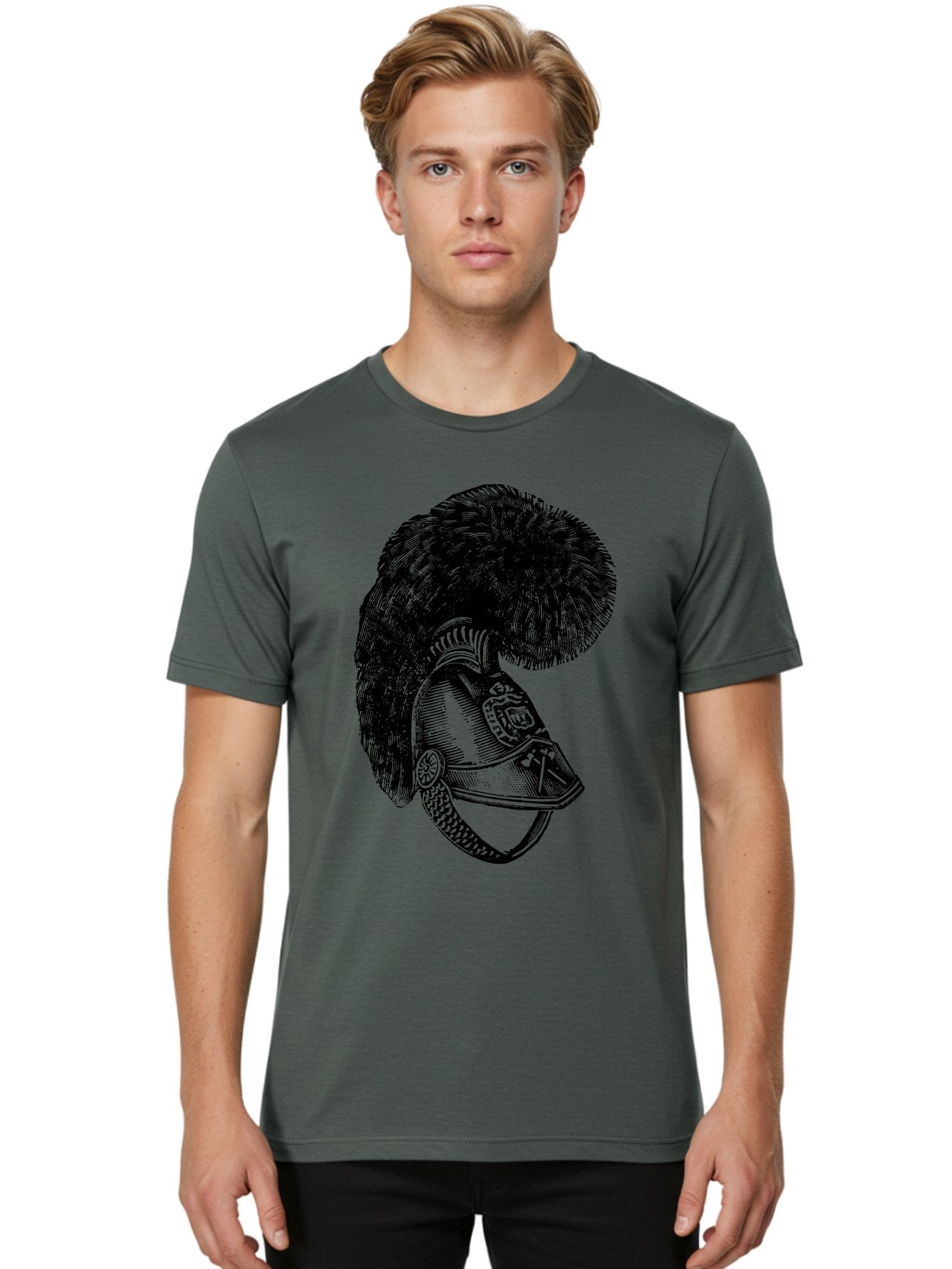 Helmet-With-Plume Men'S Graphic Tee, 100% Cotton, Comfortable Casual Summer Wear, Machine Washable, Medieval Knight Helmet, Metal Armor, Feathered Crest, Vintage Design, Warrior'S Gear, Historical Illustration, Ornate Details, Aad541 22