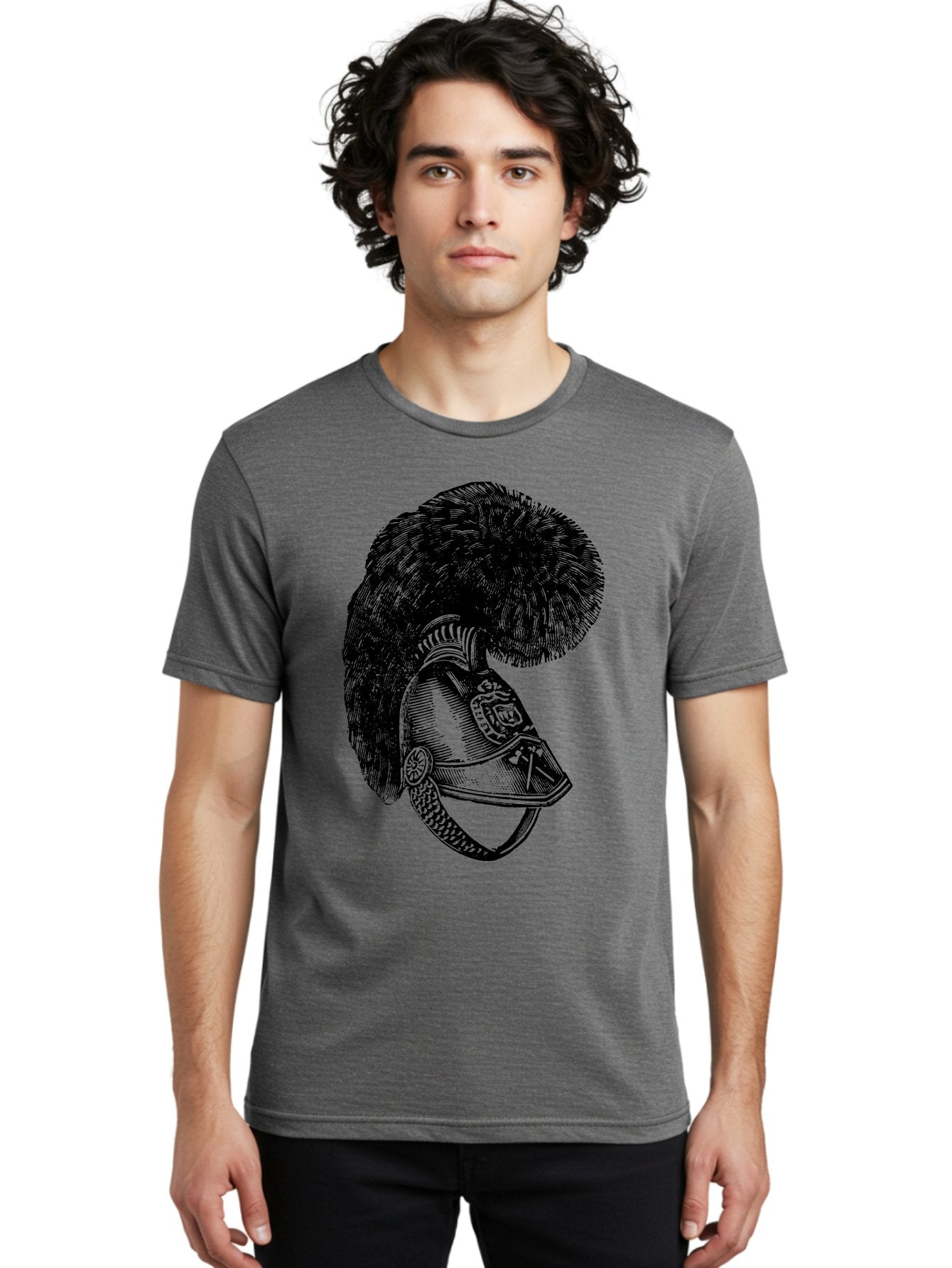 Helmet-With-Plume Men'S Graphic Tee, 100% Cotton, Comfortable Casual Summer Wear, Machine Washable, Medieval Knight Helmet, Metal Armor, Feathered Crest, Vintage Design, Warrior'S Gear, Historical Illustration, Ornate Details, Aad541 30