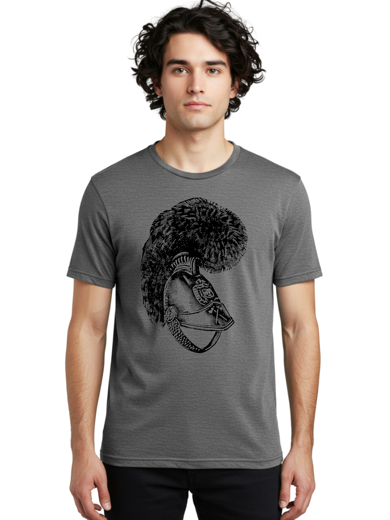 Helmet-With-Plume Men'S Graphic Tee, 100% Cotton, Comfortable Casual Summer Wear, Machine Washable, Medieval Knight Helmet, Metal Armor, Feathered Crest, Vintage Design, Warrior'S Gear, Historical Illustration, Ornate Details, Aad541