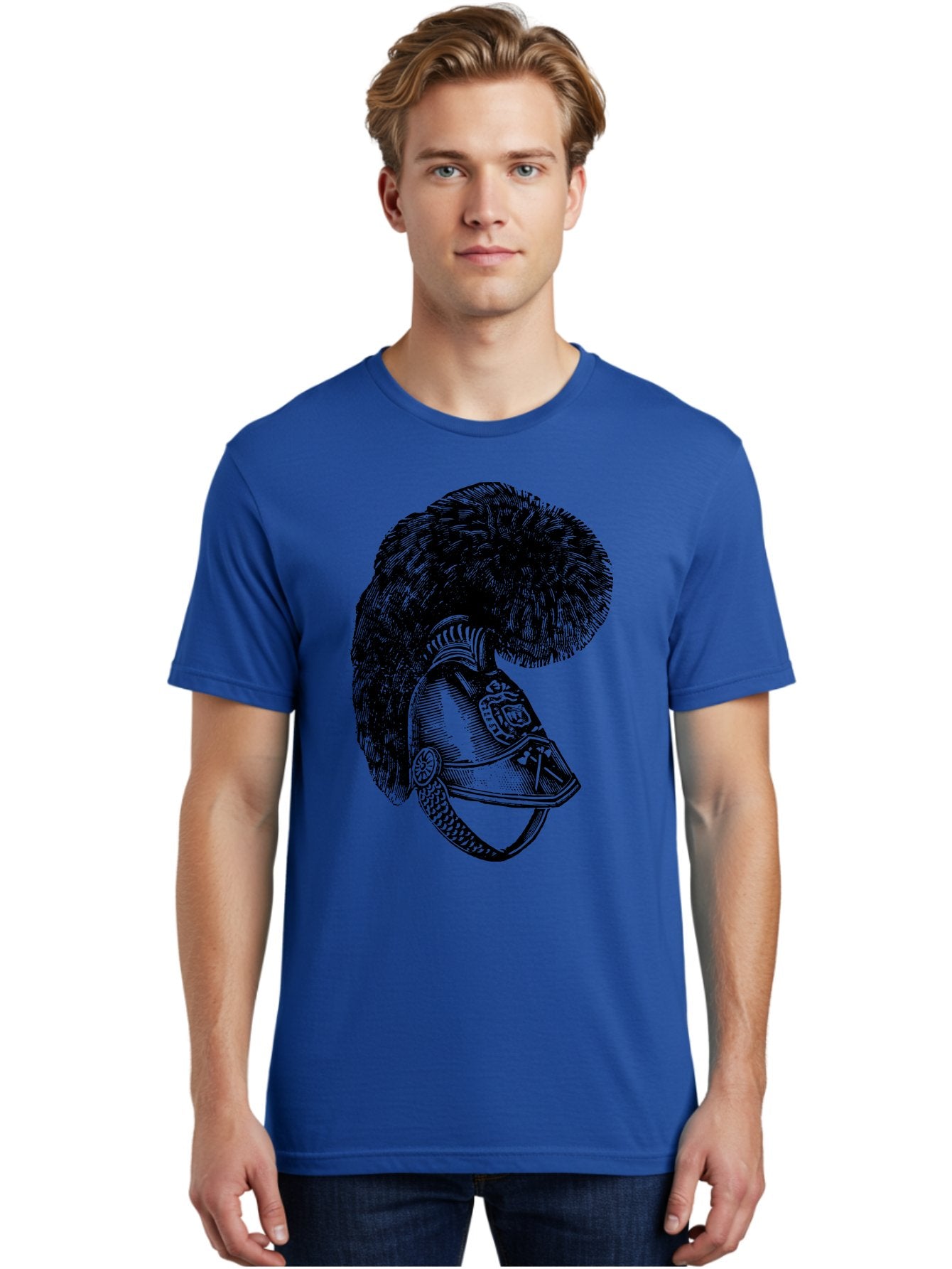 Helmet-With-Plume Men'S Graphic Tee, 100% Cotton, Comfortable Casual Summer Wear, Machine Washable, Medieval Knight Helmet, Metal Armor, Feathered Crest, Vintage Design, Warrior'S Gear, Historical Illustration, Ornate Details, Aad541 20