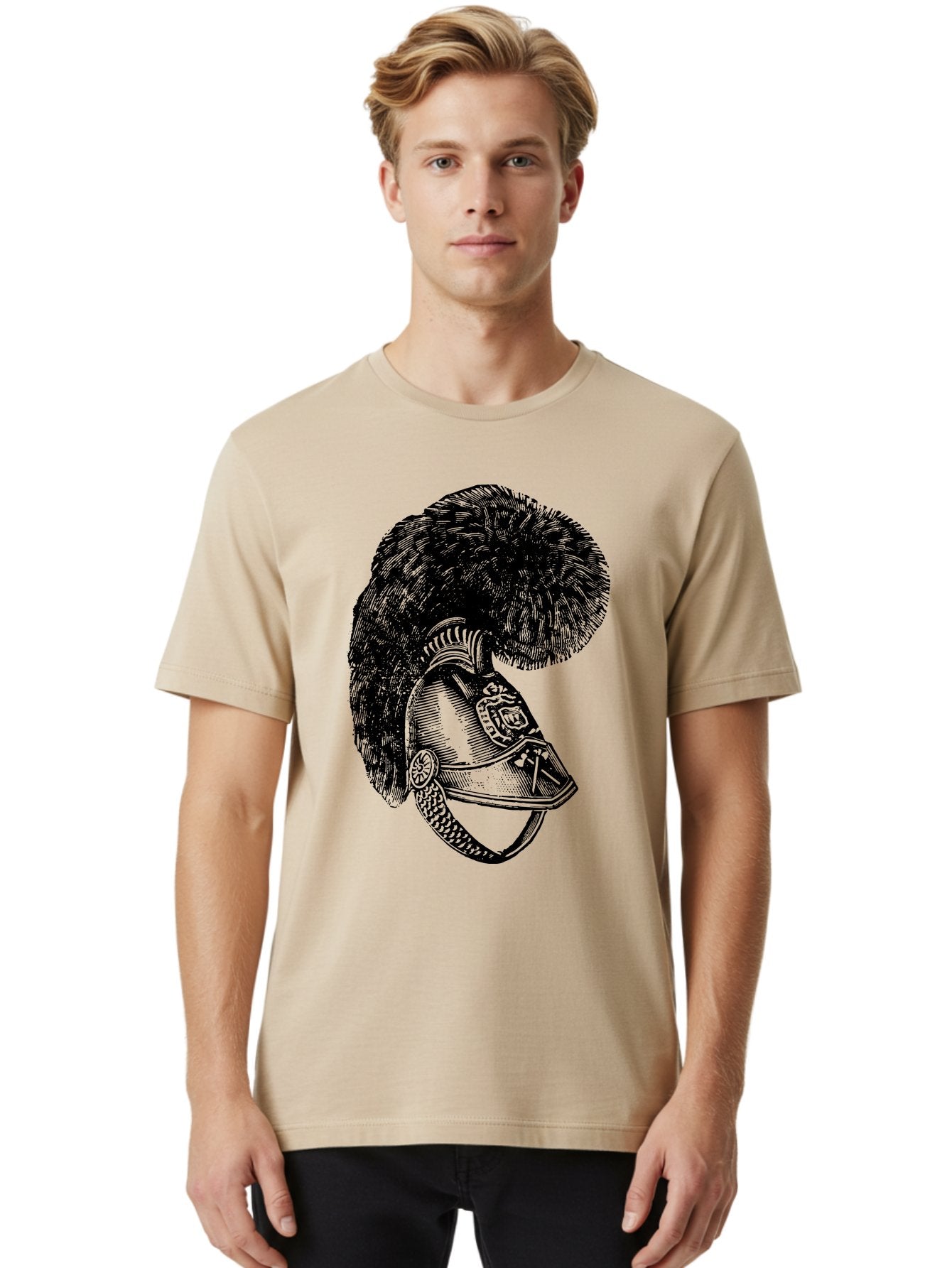 Helmet-With-Plume Men'S Graphic Tee, 100% Cotton, Comfortable Casual Summer Wear, Machine Washable, Medieval Knight Helmet, Metal Armor, Feathered Crest, Vintage Design, Warrior'S Gear, Historical Illustration, Ornate Details, Aad541 17