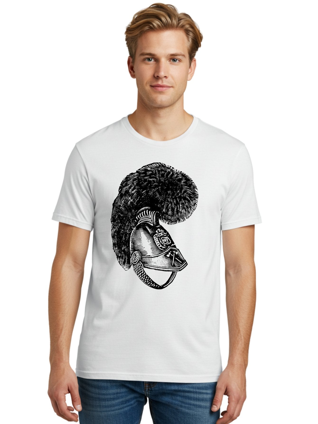 Helmet-With-Plume Men'S Graphic Tee, 100% Cotton, Comfortable Casual Summer Wear, Machine Washable, Medieval Knight Helmet, Metal Armor, Feathered Crest, Vintage Design, Warrior'S Gear, Historical Illustration, Ornate Details, Aad541 16
