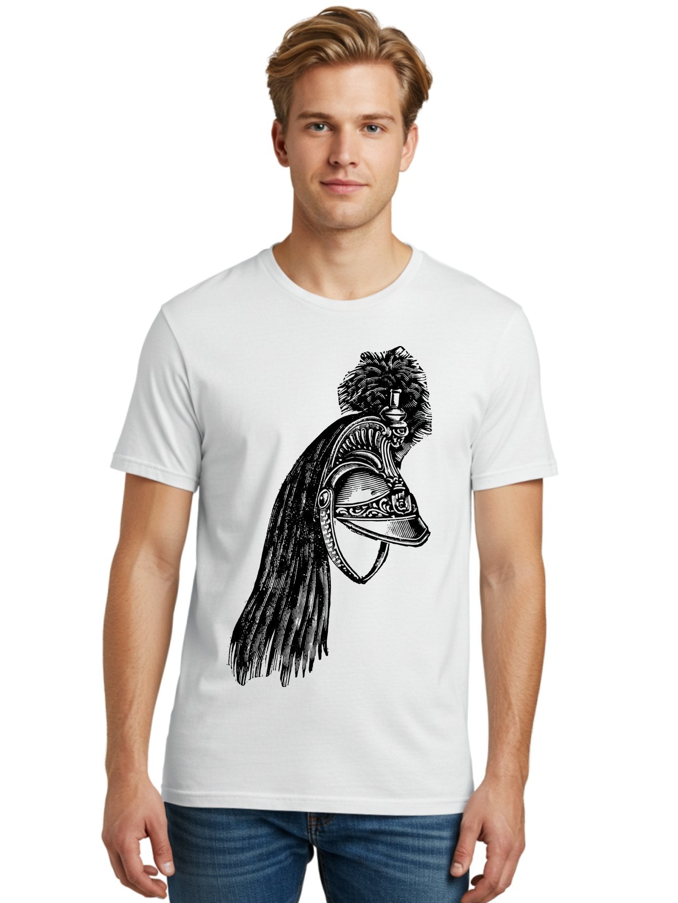 Helmet Men'S Graphic Tee, 100% Cotton, Comfortable Casual Summer Wear, Machine Washable, Vintage Helmet, Feathered Plume, Military Headgear, Historical Armor, Ornate Design, Classical Illustration, Detailed Artwork, Historical Reenactment, Aad542 30