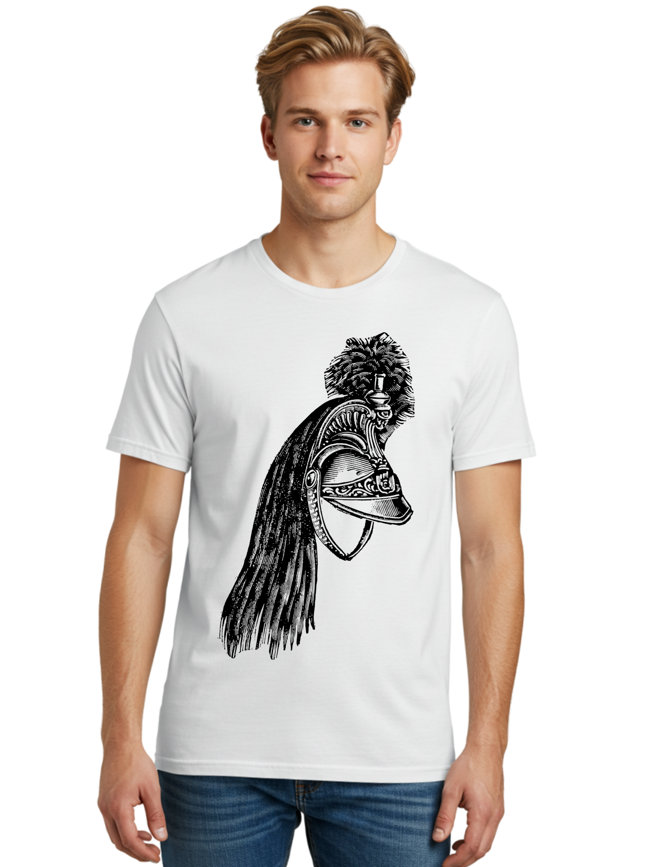 Helmet Men'S Graphic Tee, 100% Cotton, Comfortable Casual Summer Wear, Machine Washable, Vintage Helmet, Feathered Plume, Military Headgear, Historical Armor, Ornate Design, Classical Illustration, Detailed Artwork, Historical Reenactment, Aad542