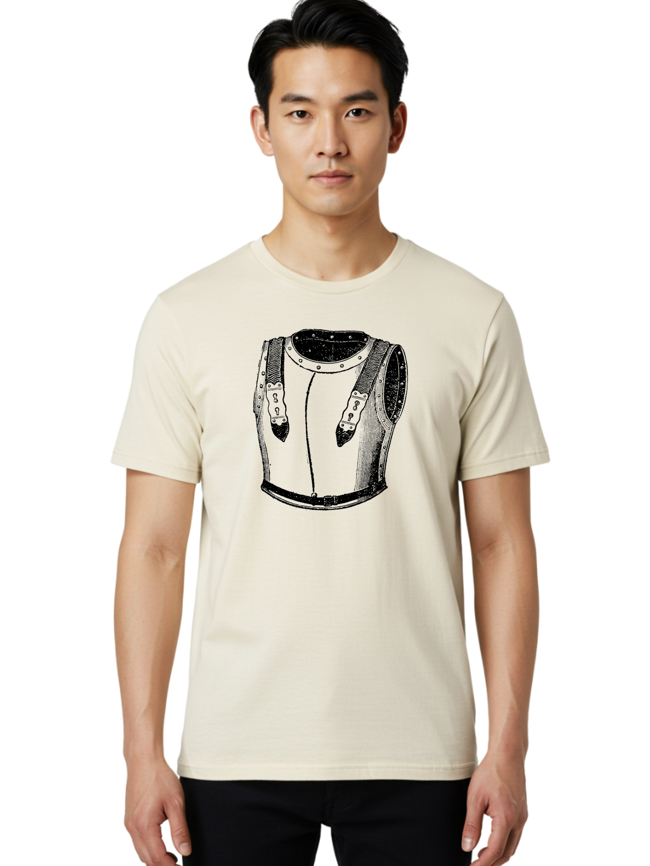 Leather-Corset Men'S Graphic Tee, 100% Cotton, Comfortable Casual Summer Wear, Machine Washable, Medieval Armor, Leather Protection, Historical Clothing, Black And White Illustration, Armor Straps, Keyhole Buckles, Vintage Style, Aad545
