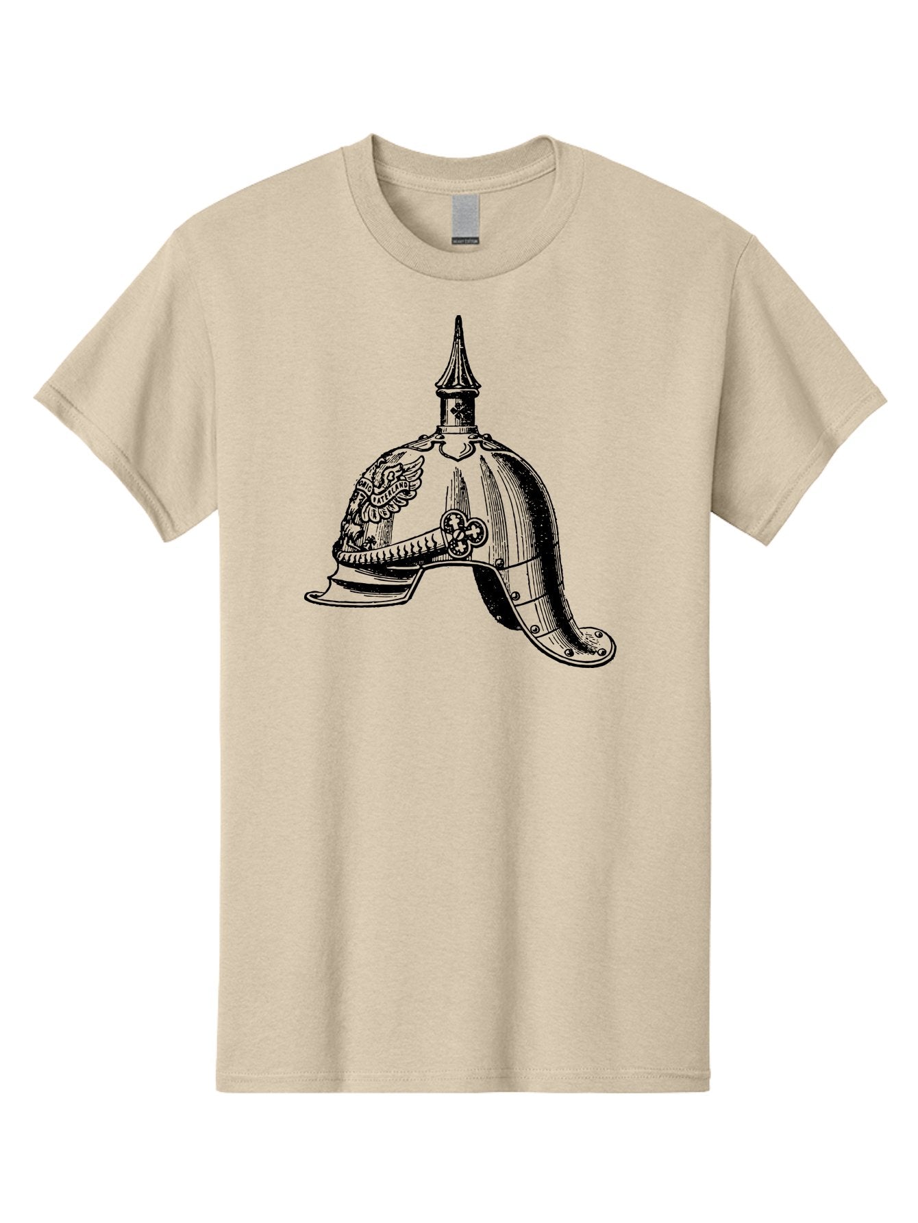 Medieval-Helmet Men'S Graphic Tee, 100% Cotton, Comfortable Casual Summer Wear, Machine Washable, Historical Helmet, Pickelhaube Design, German Military Uniform, Vintage Headgear, Ornate Details, Eagle Emblem, Spike Finial, Aad547 7