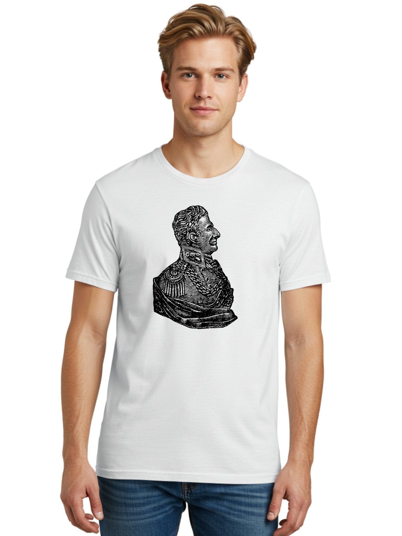 Military-Officer-Bust Men'S Graphic Tee, 100% Cotton, Comfortable Casual Summer Wear, Machine Washable, Military Officer, Historical Figure, Military Uniform, Decorated Jacket, Ornate Details, Side Profile, Illustration Art, Vintage Style, Aad550 18