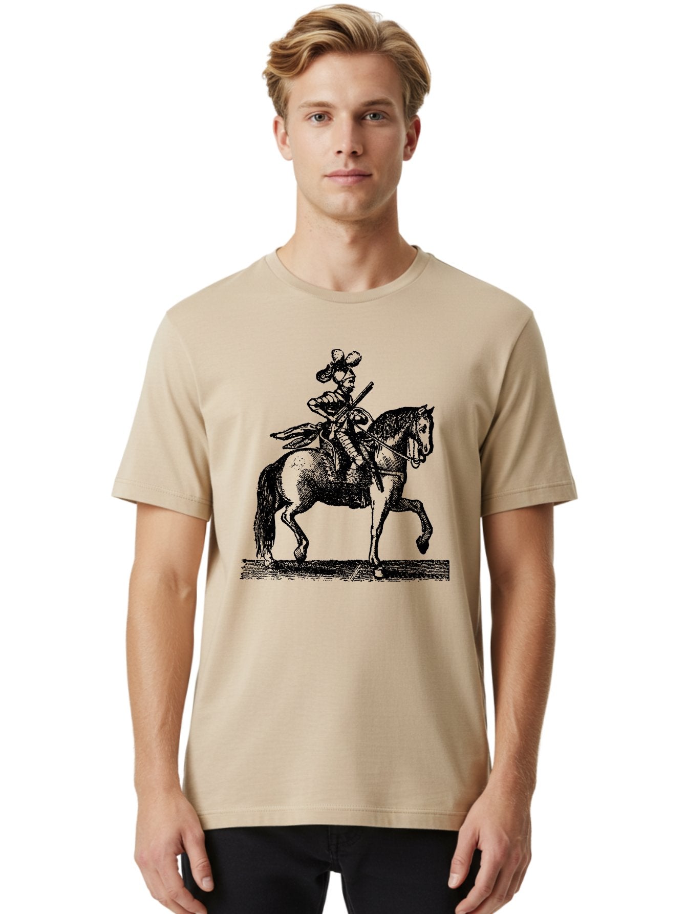 Soldier-On-Horseback Men'S Graphic Tee, 100% Cotton, Comfortable Casual Summer Wear, Machine Washable, Soldier Riding Horse, Cavalryman In Action, Equestrian Warrior, Historical Illustration, Horseback Rider, Military Uniform, Armed Soldier, Aad559 16