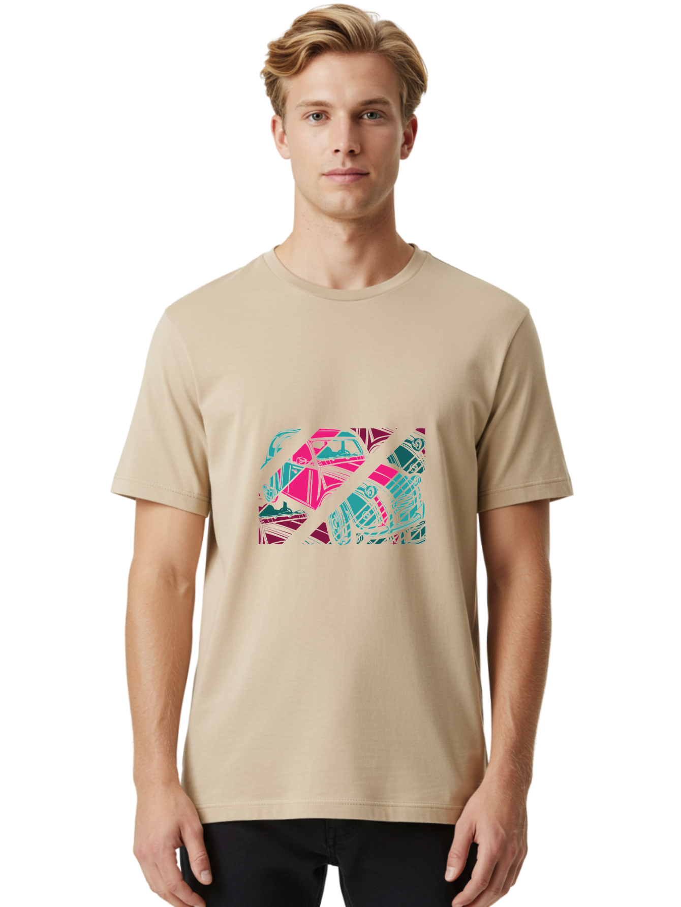Abstract-Shapes Men'S Graphic Tee, 100% Cotton, Comfortable Casual Summer Wear, Machine Washable, Abstract Art, Modern Design, Vibrant Colors, Pink, Blue, Geometric Shapes, Mixed Media, Creative Expression, Artistic Texture, Contemporary Style Aad568