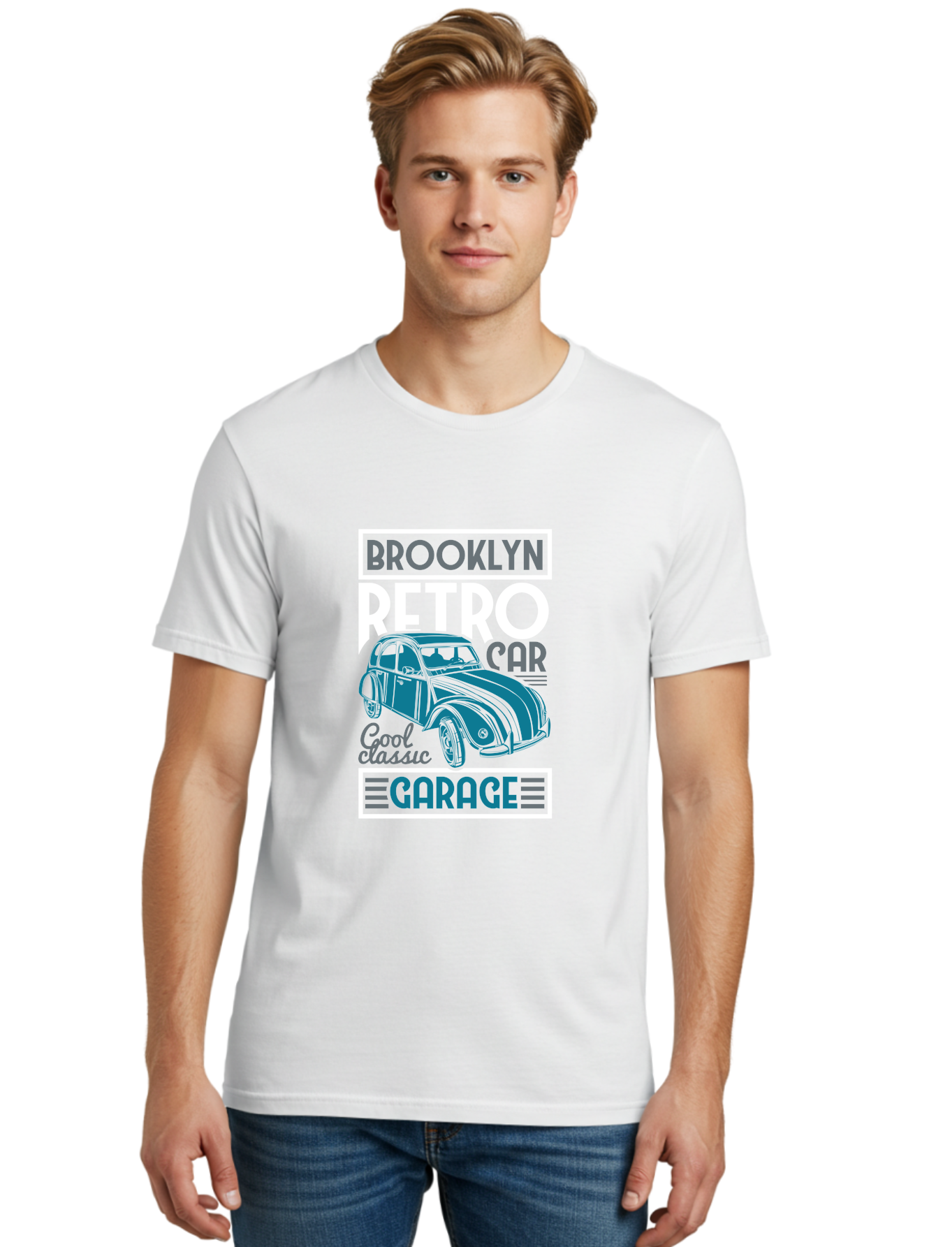 Brooklyn-Retro-Car-Garage Men'S Graphic Tee, 100% Cotton, Comfortable Casual Summer Wear, Machine Washable, Retro Car, Vintage Automobile, Classic Car, Brooklyn Garage, Cool Classic, Retro Style, Vintage Ride, Car Enthusiasts, Antique Car Aad571