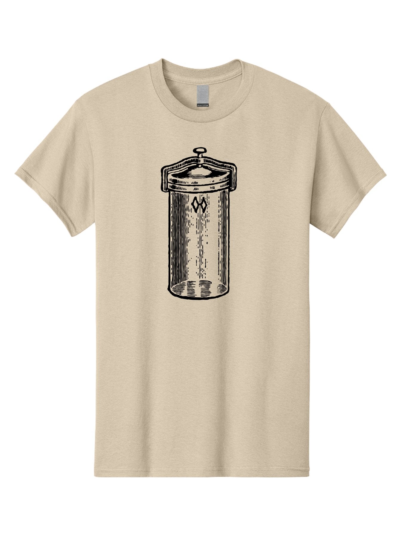 Cylindrical-Canister Men'S Graphic Tee, 100% Cotton, Comfortable Casual Summer Wear, Machine Washable, Cylindrical Container, Vintage Design, Hand-Drawn Illustration, Mysterious Symbol, Abstract Artwork, Minimalist Style, Geometric Shapes, Aad589 12
