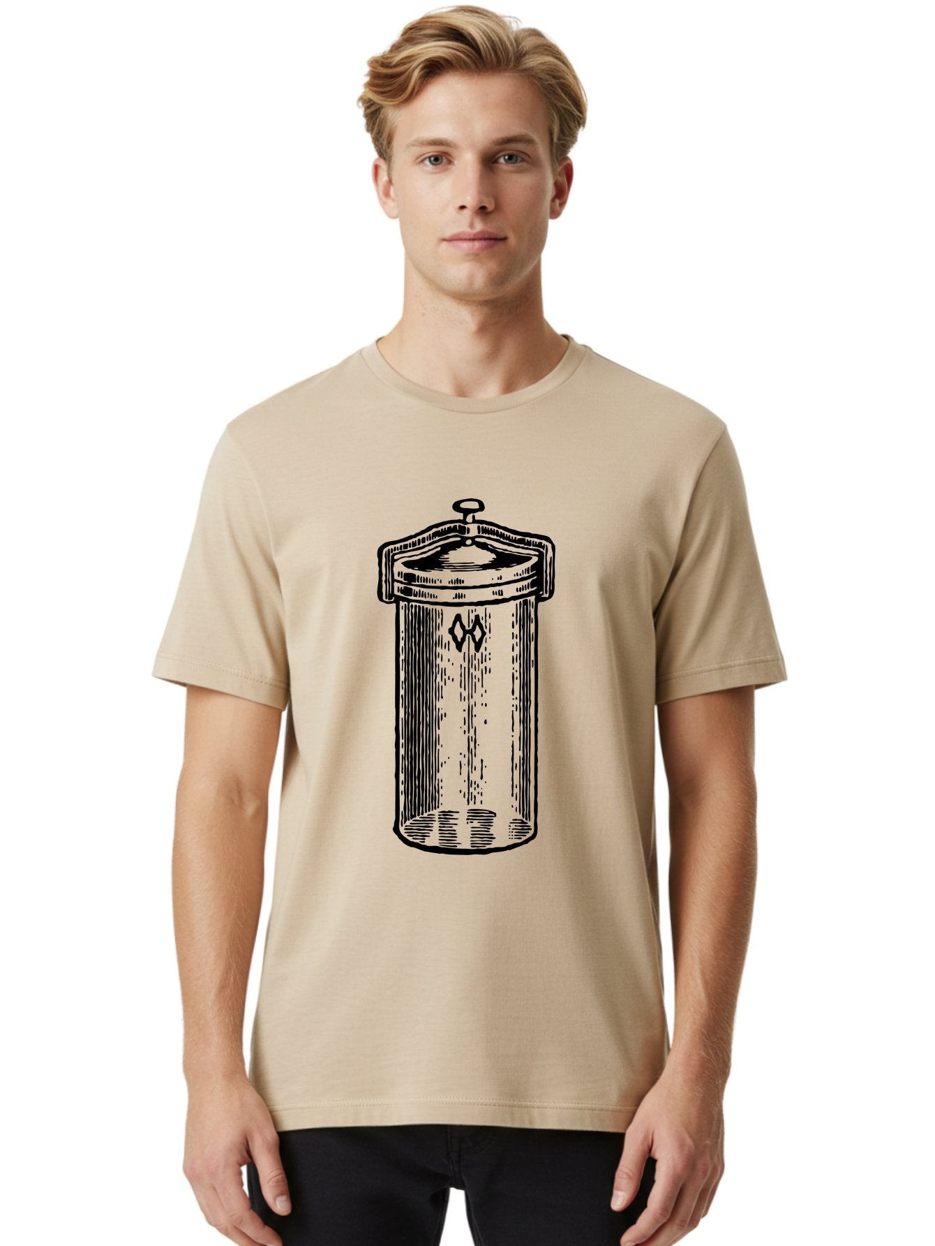 Cylindrical-Canister Men'S Graphic Tee, 100% Cotton, Comfortable Casual Summer Wear, Machine Washable, Cylindrical Container, Vintage Design, Hand-Drawn Illustration, Mysterious Symbol, Abstract Artwork, Minimalist Style, Geometric Shapes, Aad589 28