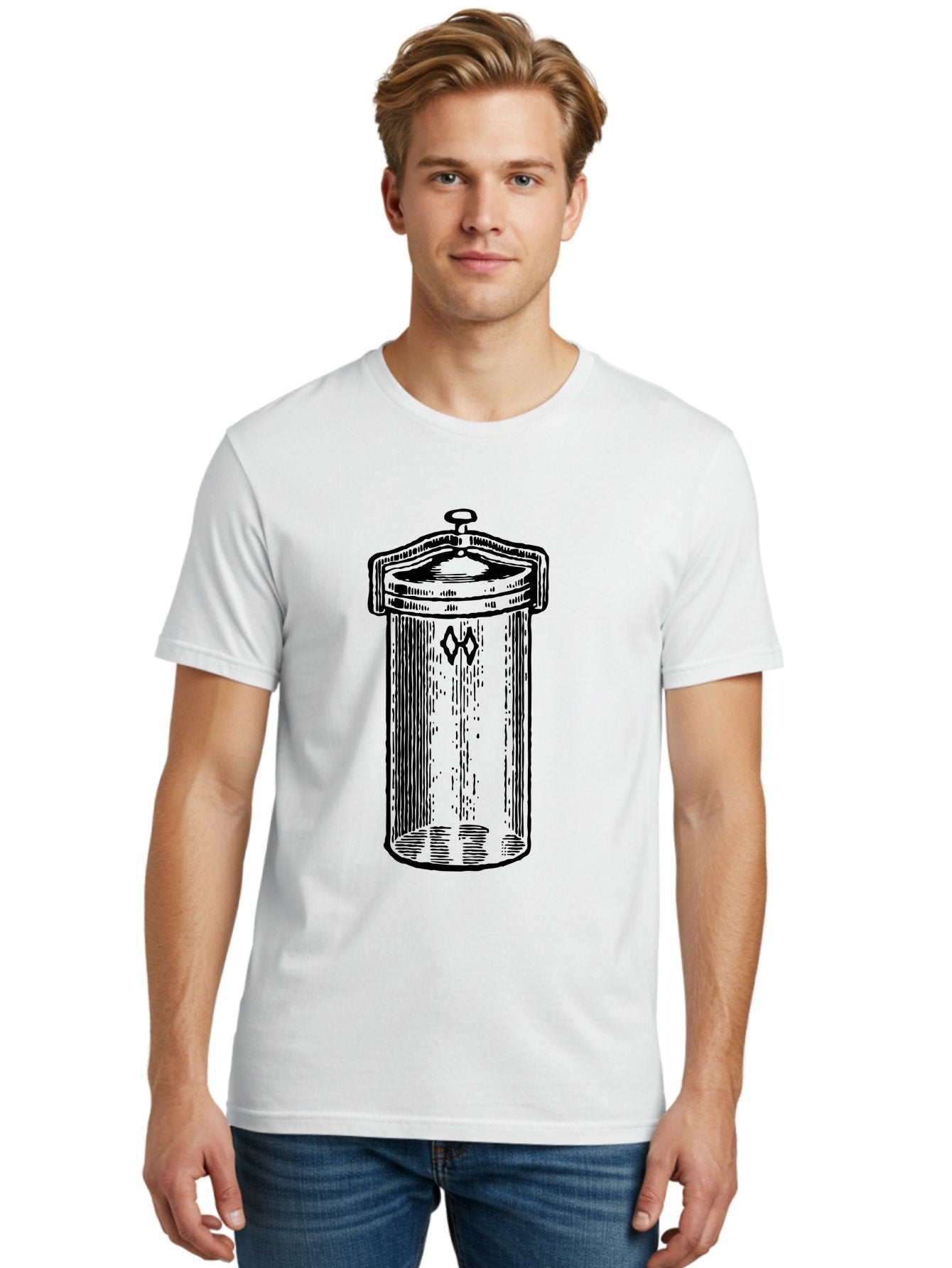 Cylindrical-Canister Men'S Graphic Tee, 100% Cotton, Comfortable Casual Summer Wear, Machine Washable, Cylindrical Container, Vintage Design, Hand-Drawn Illustration, Mysterious Symbol, Abstract Artwork, Minimalist Style, Geometric Shapes, Aad589 25