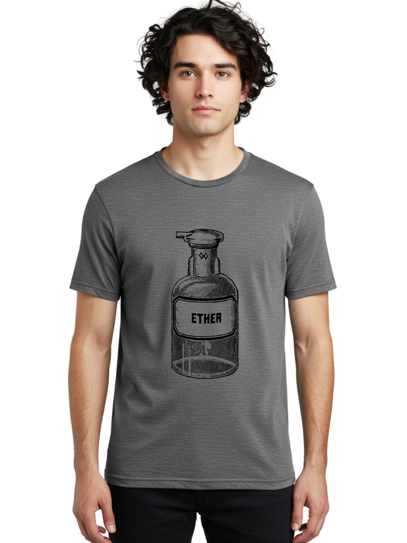 Ether-Bottle Men'S Graphic Tee, 100% Cotton, Comfortable Casual Summer Wear, Machine Washable, Vintage Apothecary Bottle, Laboratory Equipment, Ether Label, Antique Glassware, Old-Fashioned Container, Chemical Storage, Retro Illustration, Aad598 24