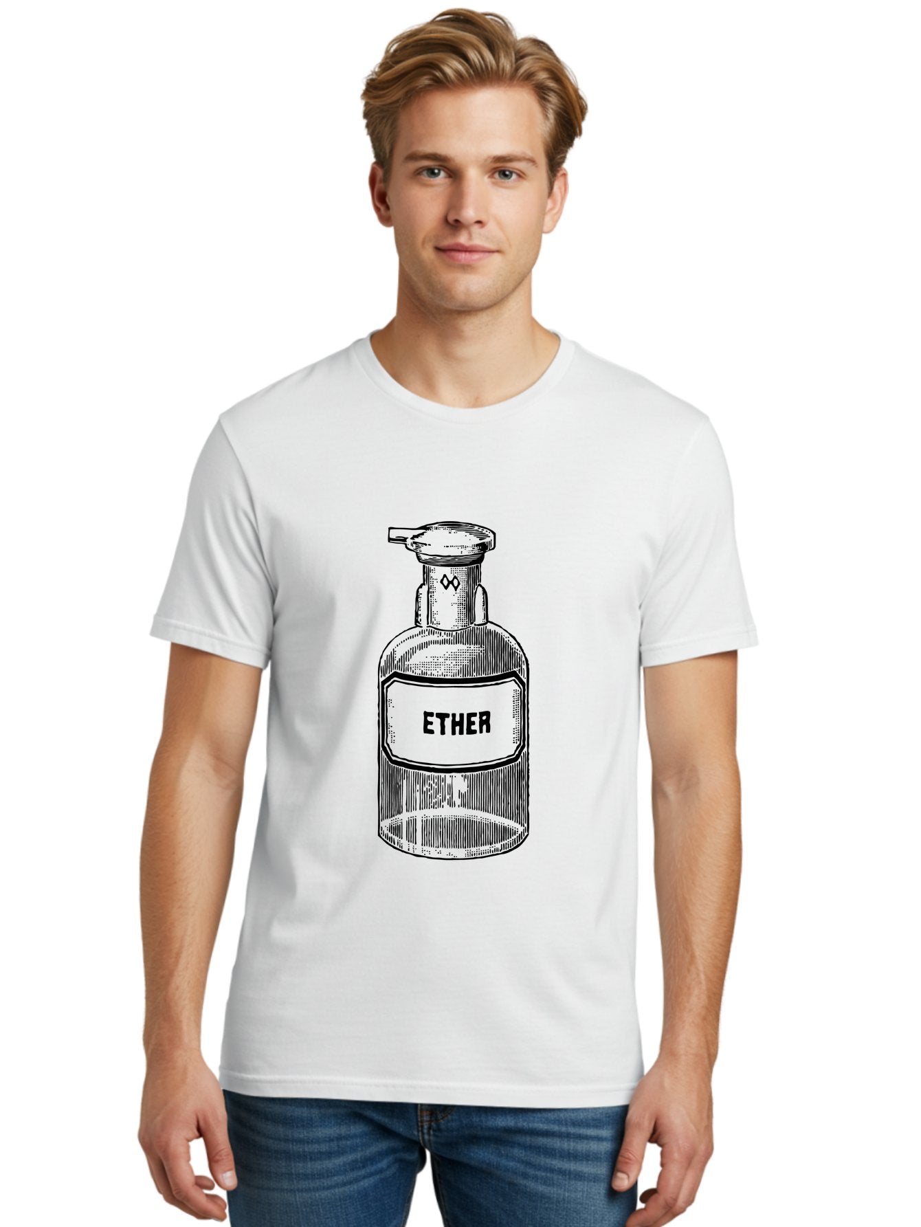 Ether-Bottle Men'S Graphic Tee, 100% Cotton, Comfortable Casual Summer Wear, Machine Washable, Vintage Apothecary Bottle, Laboratory Equipment, Ether Label, Antique Glassware, Old-Fashioned Container, Chemical Storage, Retro Illustration, Aad598 16
