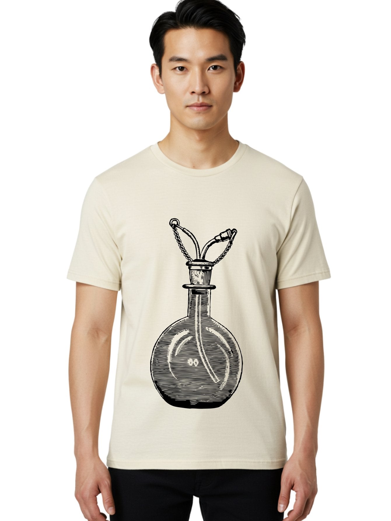 Glass-Bottle-With-Tube Men'S Graphic Tee, 100% Cotton, Comfortable Casual Summer Wear, Machine Washable, Vintage Laboratory Equipment, Scientific Glassware, Chemistry Lab, Experimental Apparatus, Antique Labware, Laboratory Flask, Aad603 23