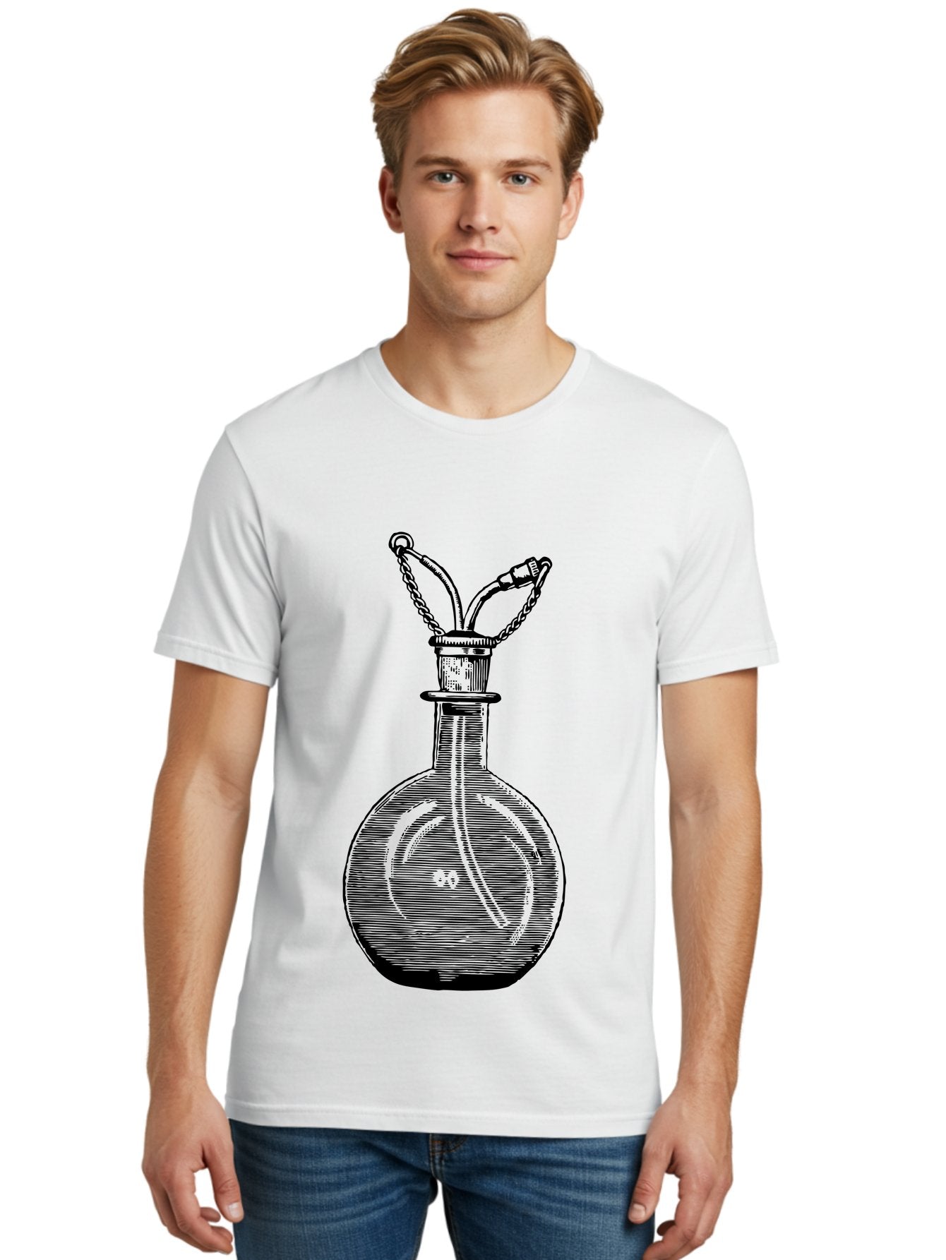 Glass-Bottle-With-Tube Men'S Graphic Tee, 100% Cotton, Comfortable Casual Summer Wear, Machine Washable, Vintage Laboratory Equipment, Scientific Glassware, Chemistry Lab, Experimental Apparatus, Antique Labware, Laboratory Flask, Aad603 20