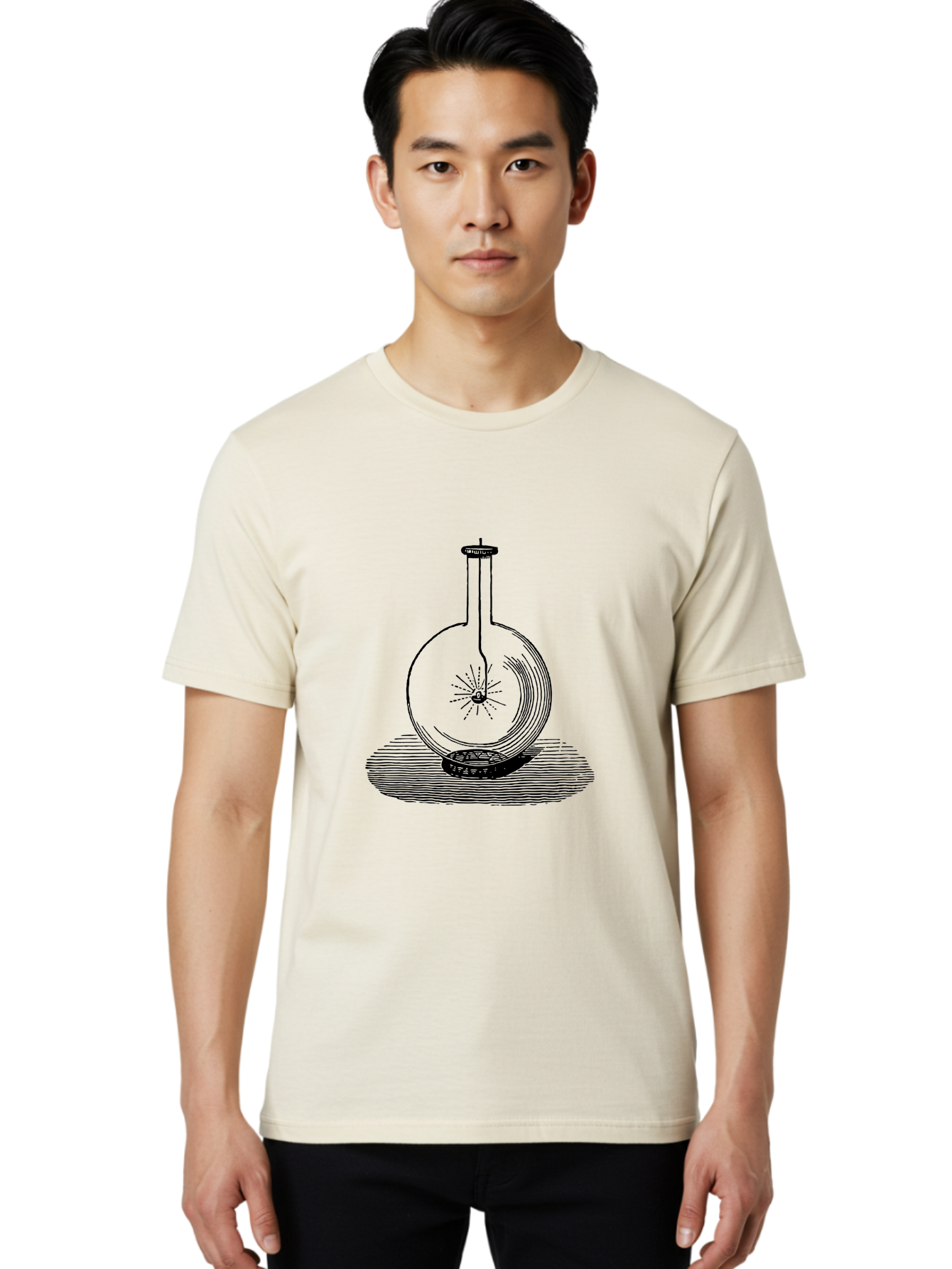 Glass-Flask-1 Men'S Graphic Tee, 100% Cotton, Comfortable Casual Summer Wear, Machine Washable, Cathode Ray Tube, Crookes Tube, Vacuum Tube, Experimental Apparatus, Scientific Equipment, Black And White Illustration, Vintage Style, Aad605 8