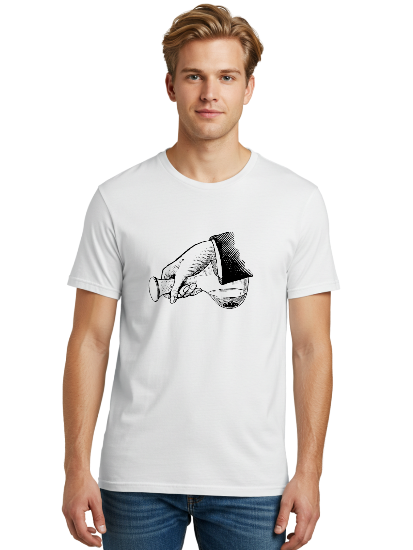 Hourglass Men'S Graphic Tee, 100% Cotton, Comfortable Casual Summer Wear, Machine Washable, Hand Holding Flask, Glass Container, Liquid Pouring, Scientific Experiment, Laboratory Equipment, Chemistry, Vintage Illustration, Aad610 28
