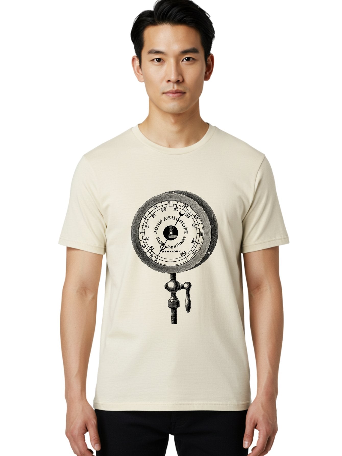 John-Ashcroft-Barometer Men'S Graphic Tee, 100% Cotton, Comfortable Casual Summer Wear, Machine Washable, Vintage Pressure Gauge, Antique Measuring Device, John Ashcroft New York, Industrial Equipment, Mechanical Dial, Precision Instrument, Aad611 18