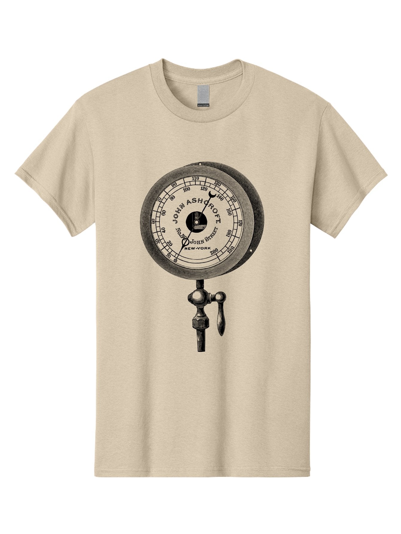 John-Ashcroft-Barometer Men'S Graphic Tee, 100% Cotton, Comfortable Casual Summer Wear, Machine Washable, Vintage Pressure Gauge, Antique Measuring Device, John Ashcroft New York, Industrial Equipment, Mechanical Dial, Precision Instrument, Aad611 10