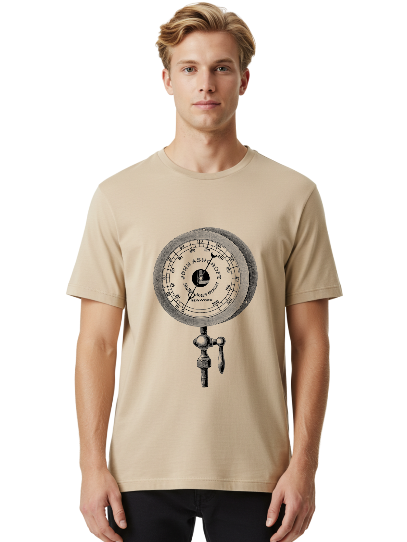 John-Ashcroft-Barometer Men'S Graphic Tee, 100% Cotton, Comfortable Casual Summer Wear, Machine Washable, Vintage Pressure Gauge, Antique Measuring Device, John Ashcroft New York, Industrial Equipment, Mechanical Dial, Precision Instrument, Aad611 28