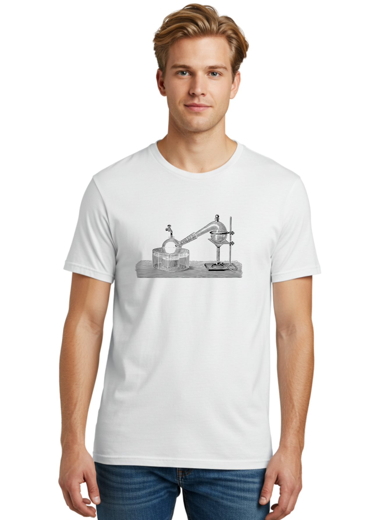 Laboratory-Equipment-7 Men'S Graphic Tee, 100% Cotton, Comfortable Casual Summer Wear, Machine Washable, Distillation Equipment, Laboratory Setup, Science Experiment, Chemistry, Glassware, Retort, Condenser, Laboratory Table Aad621