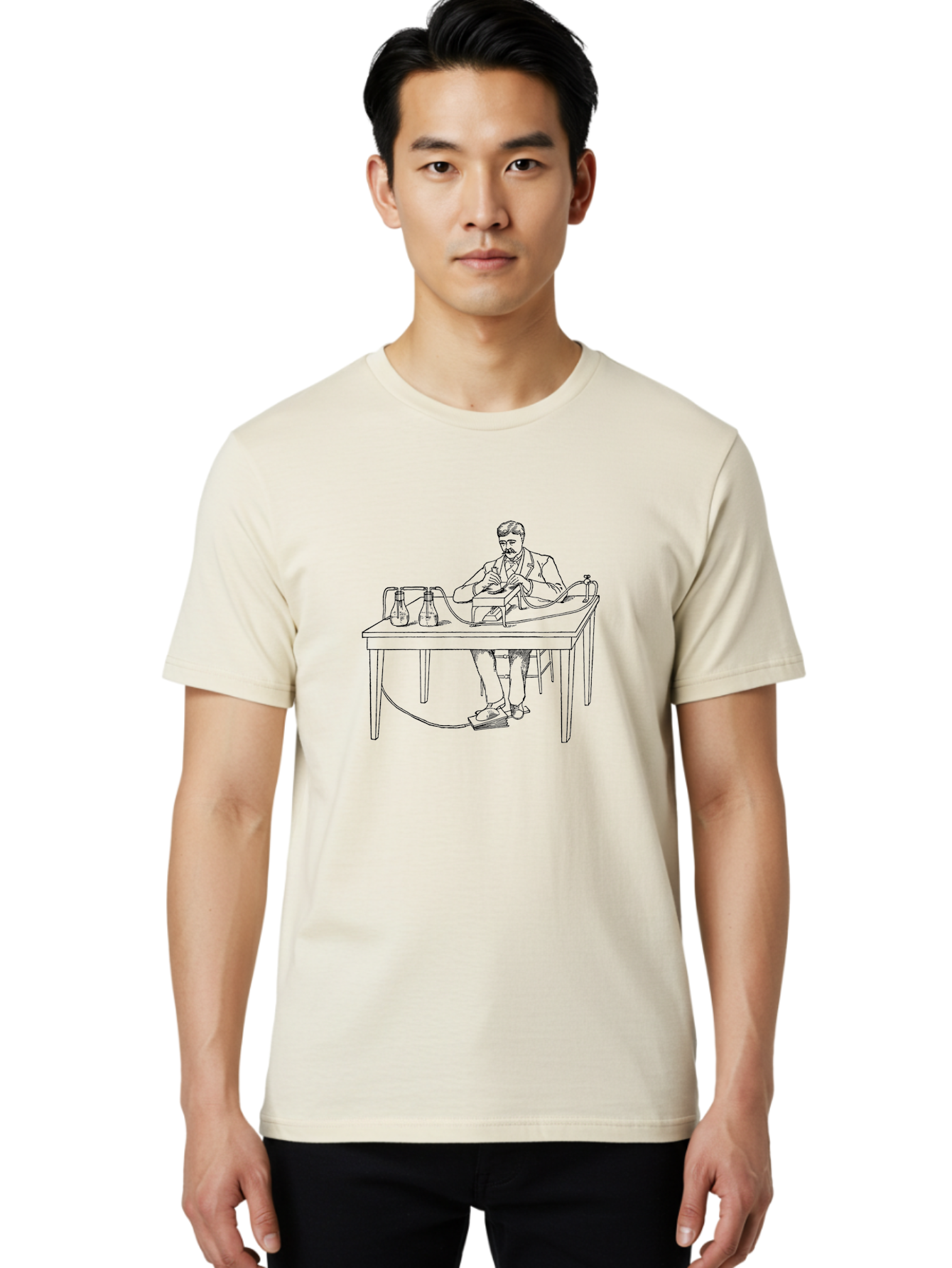 Man-Experimenting Men'S Graphic Tee, 100% Cotton, Comfortable Casual Summer Wear, Machine Washable, Scientist In A Lab, Experimental Setup, Laboratory Equipment, Scientific Research, Vintage Style, Monochrome Illustration, Chemistry Lab, Aad630 18