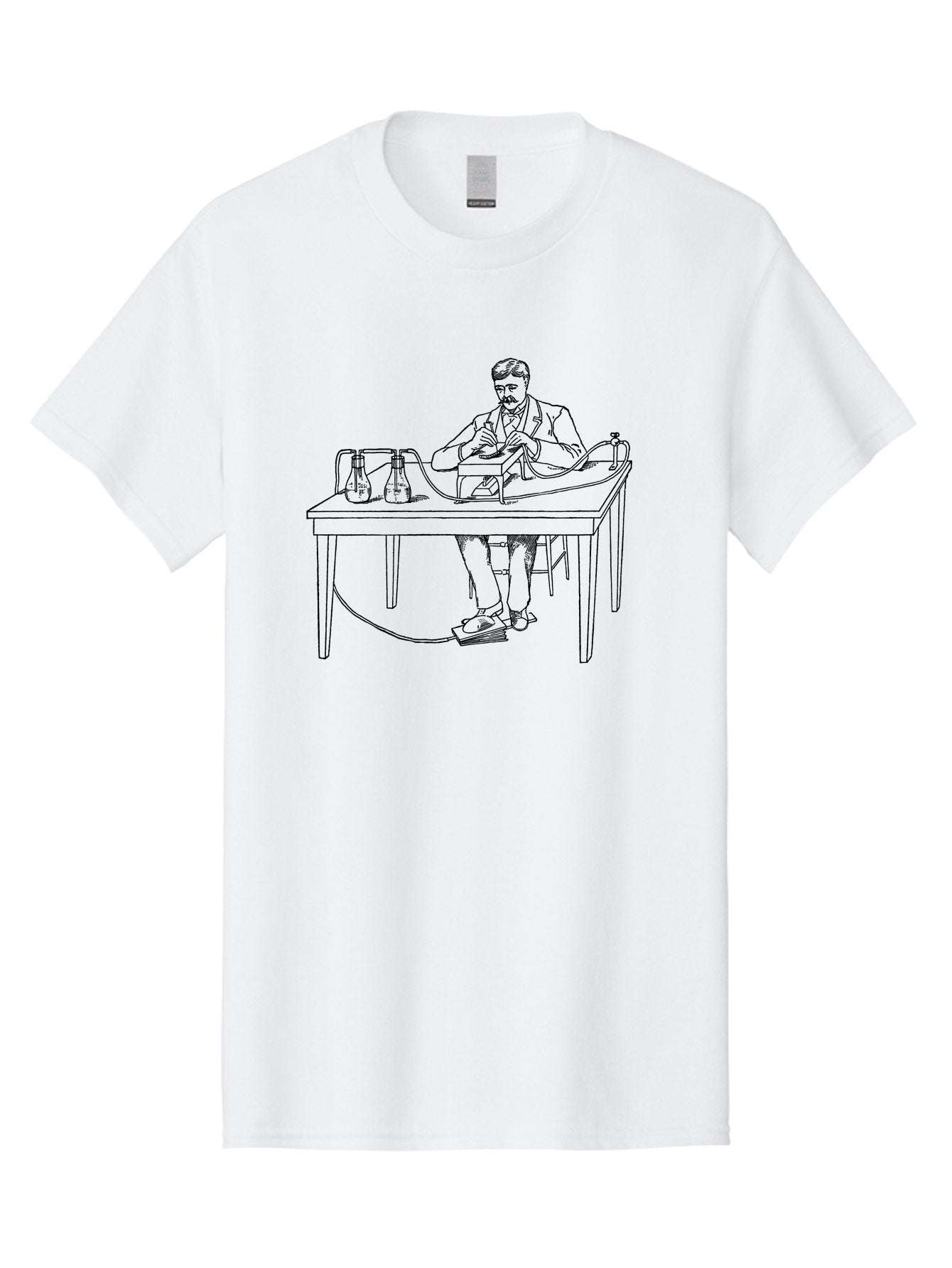 Man-Experimenting Men'S Graphic Tee, 100% Cotton, Comfortable Casual Summer Wear, Machine Washable, Scientist In A Lab, Experimental Setup, Laboratory Equipment, Scientific Research, Vintage Style, Monochrome Illustration, Chemistry Lab, Aad630 14