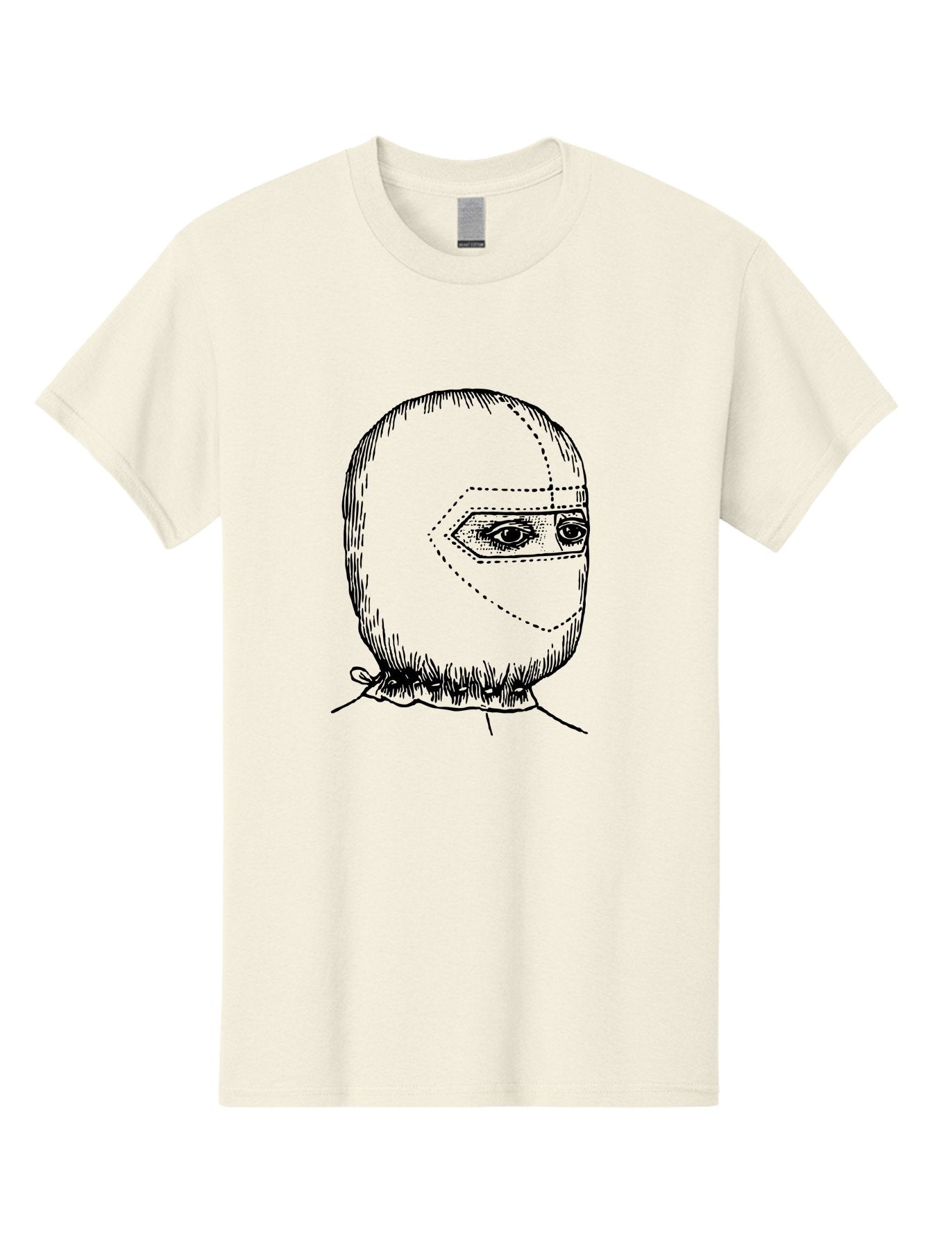 Masked-Figure Men'S Graphic Tee, 100% Cotton, Comfortable Casual Summer Wear, Machine Washable, Burglar Mask, Black And White Illustration, Crime Theme, Robber Costume, Dotted Lines, Facial Features Hidden, Menacing Figure, Sketch Art, Aad633 15