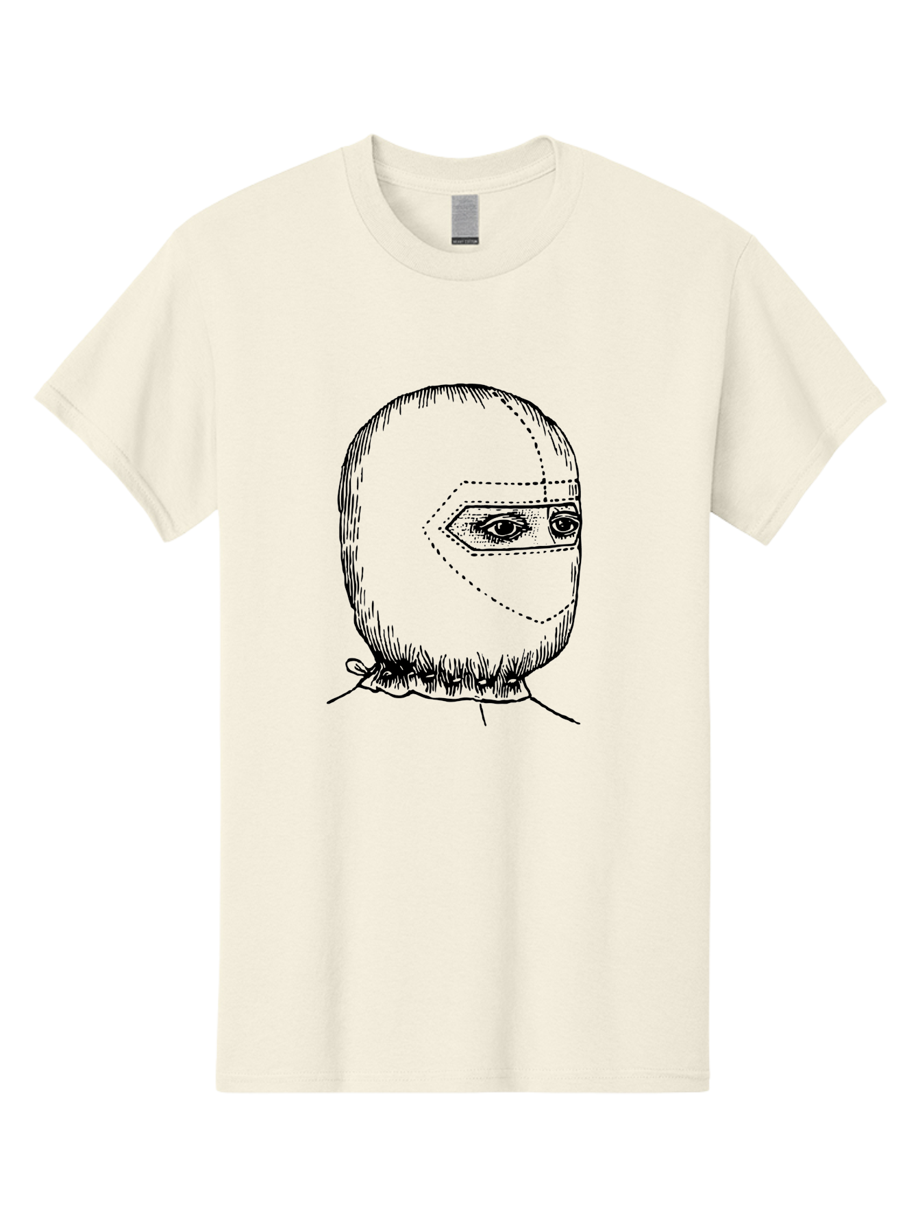 Masked-Figure Men'S Graphic Tee, 100% Cotton, Comfortable Casual Summer Wear, Machine Washable, Burglar Mask, Black And White Illustration, Crime Theme, Robber Costume, Dotted Lines, Facial Features Hidden, Menacing Figure, Sketch Art, Aad633