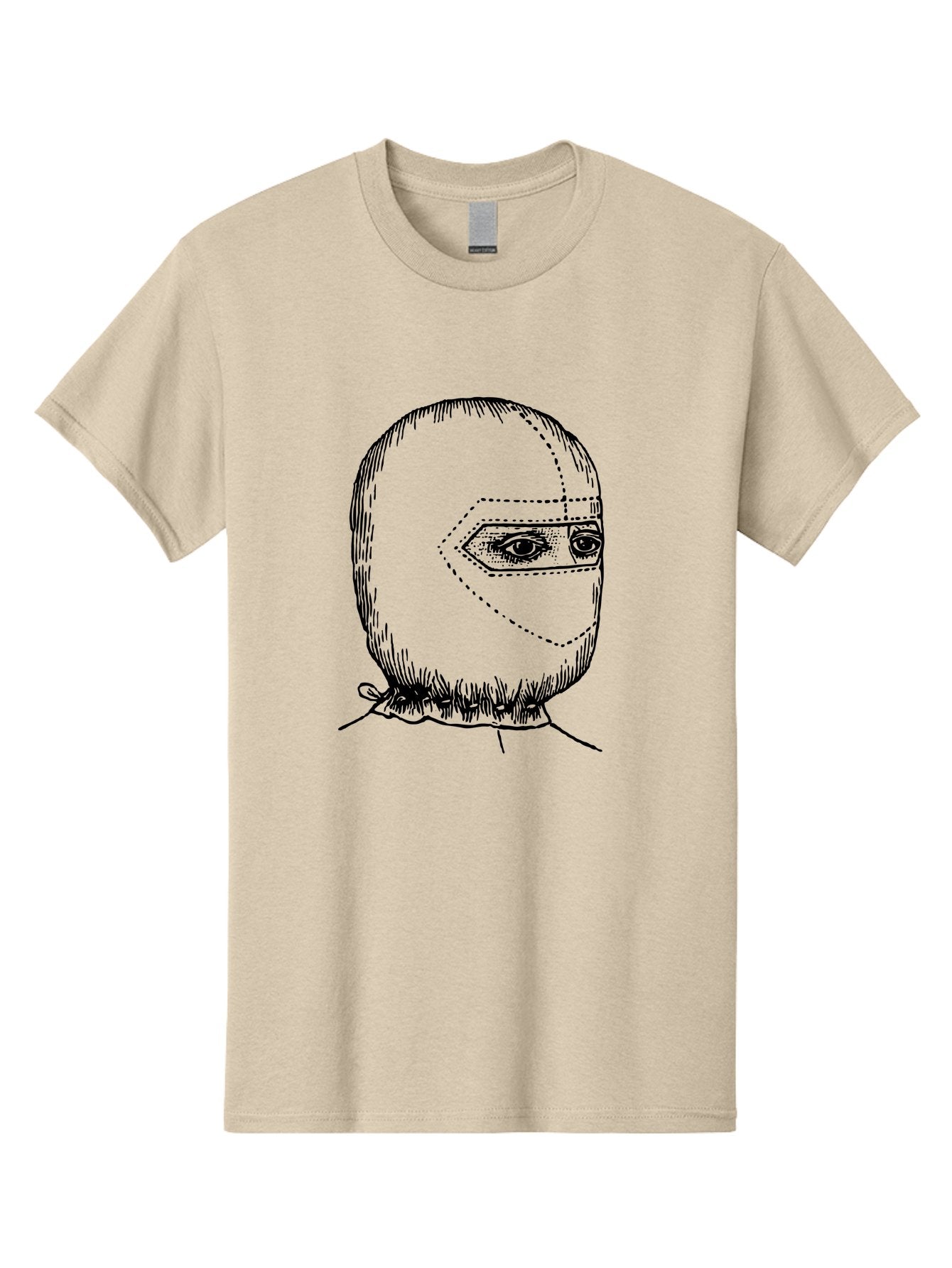 Masked-Figure Men'S Graphic Tee, 100% Cotton, Comfortable Casual Summer Wear, Machine Washable, Burglar Mask, Black And White Illustration, Crime Theme, Robber Costume, Dotted Lines, Facial Features Hidden, Menacing Figure, Sketch Art, Aad633